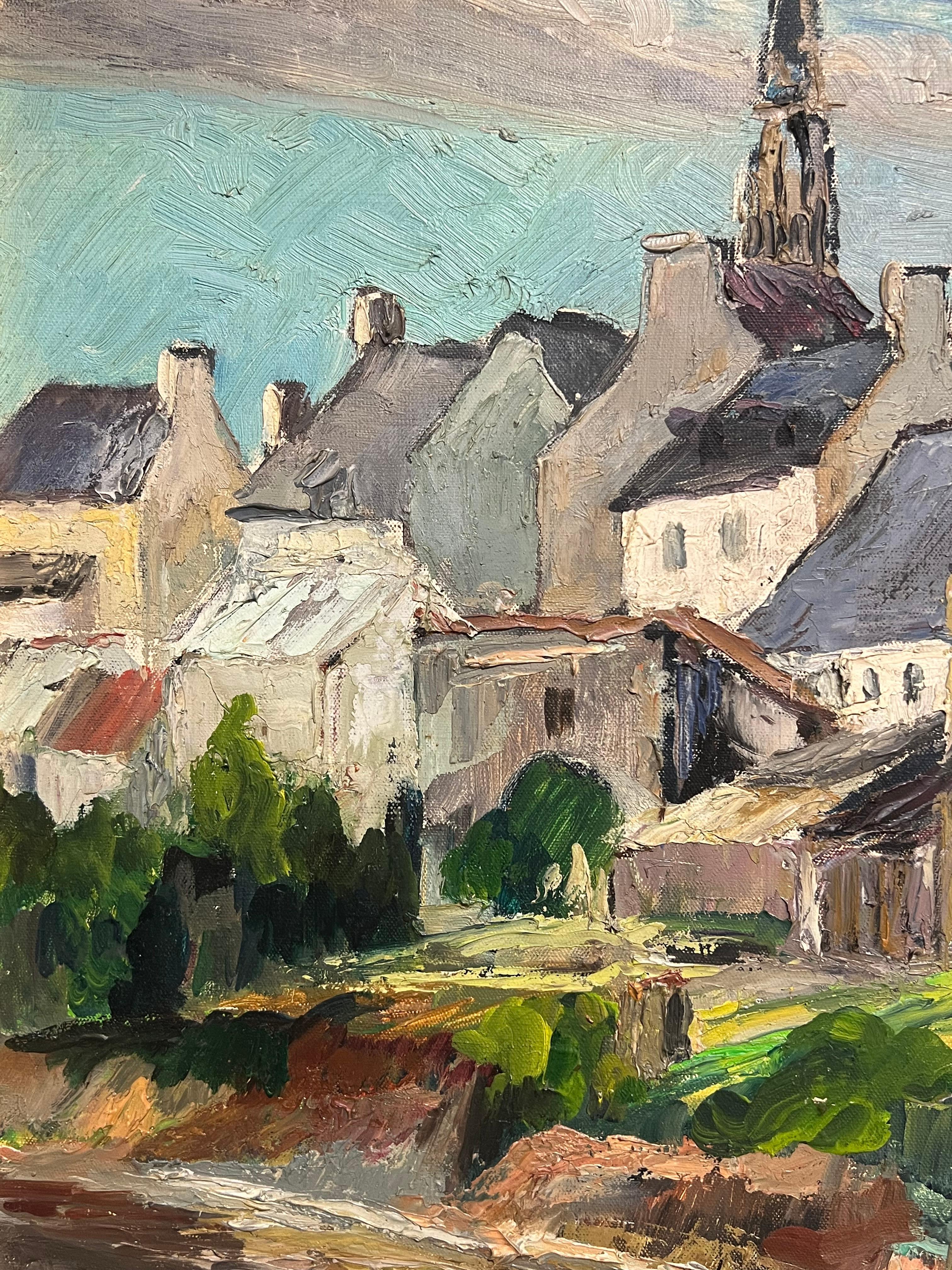 Incantevole villaggio sull'acqua, paesaggio vibrante, pittura a olio francese d'epoca in vendita 1