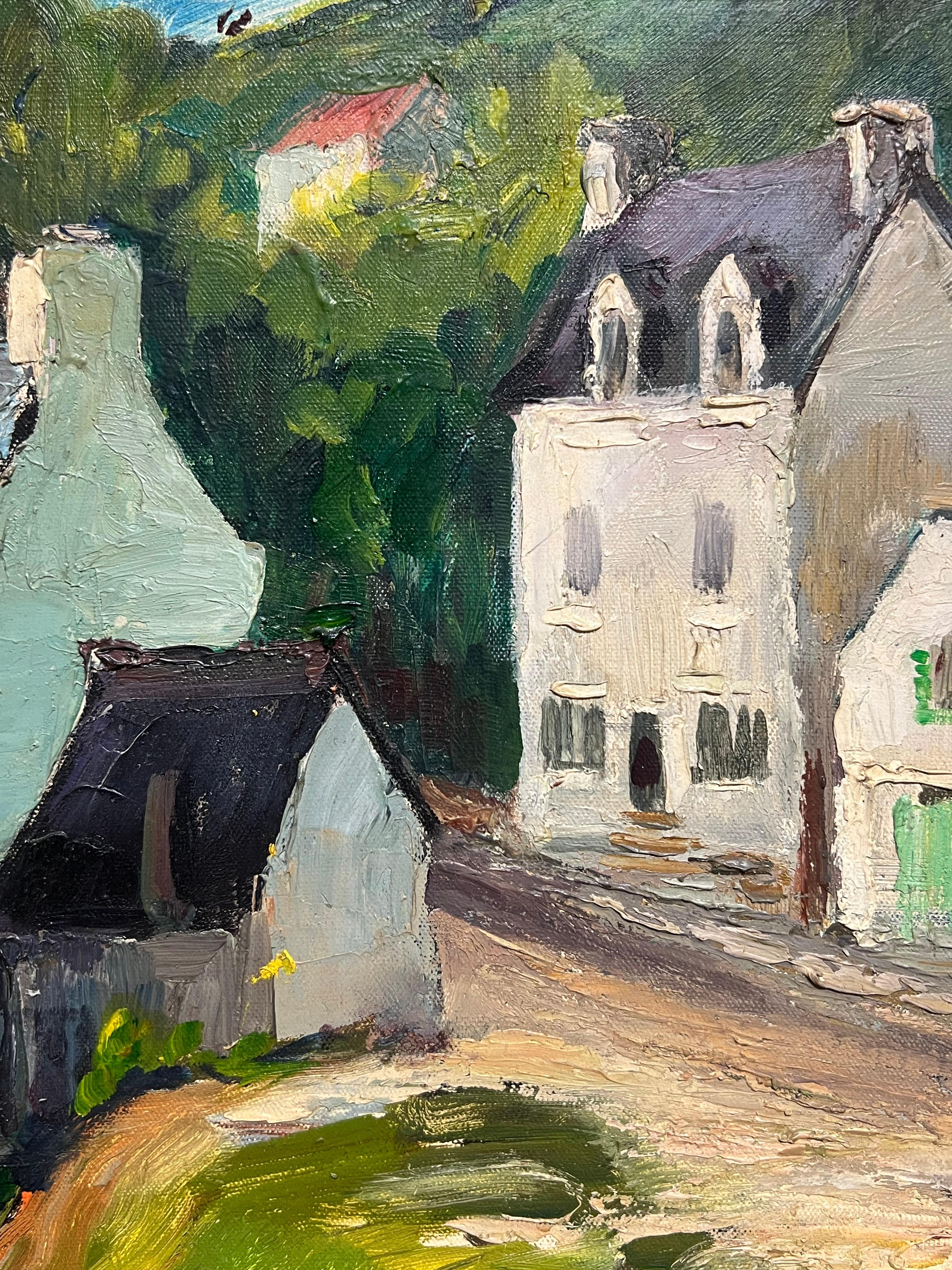 Incantevole villaggio sull'acqua, paesaggio vibrante, pittura a olio francese d'epoca in vendita 2