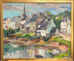 Charming Village by the Water Vibrant Landscape Vintage French Oil Painting