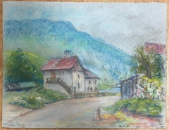 Charming Village Road Leading to a Rustic House with Red Roof and Stone Walls