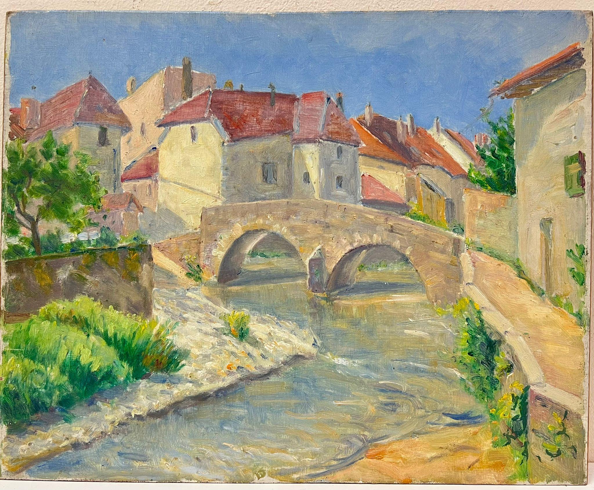 Charming Village with Stone Bridge Over a Flowing River French Countryside - Painting by Regine David