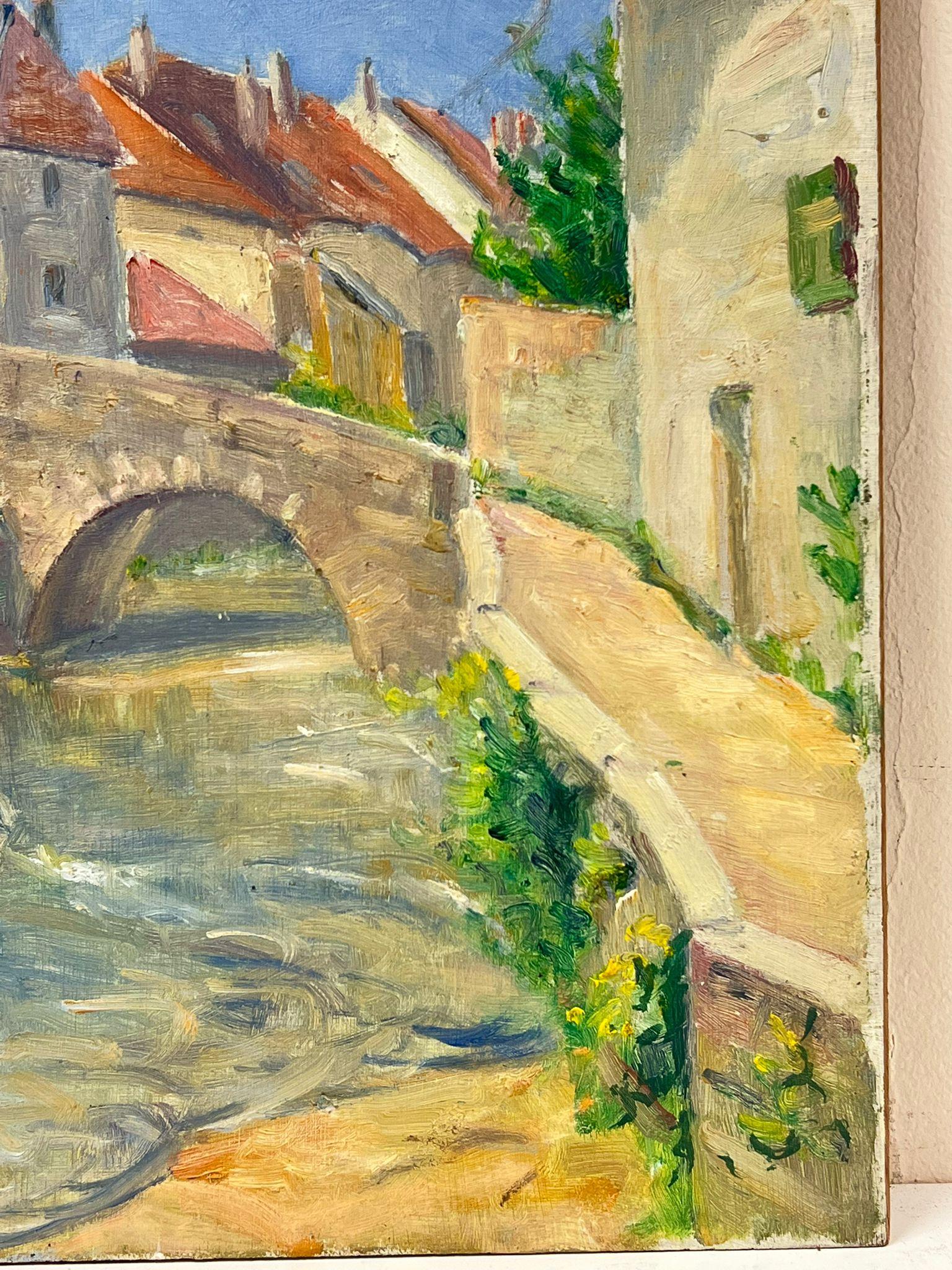 Charming Village with Stone Bridge Over a Flowing River French Countryside - Post-Impressionist Painting by Regine David