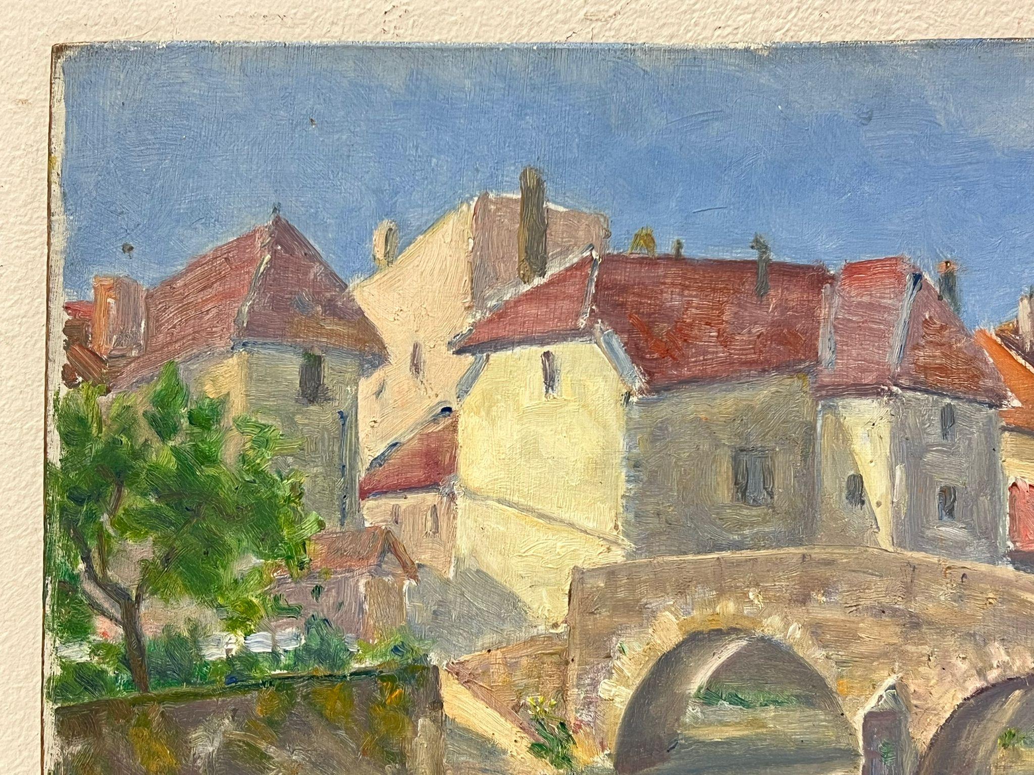 Charming Village with Stone Bridge
by Regine David (female French artist, 1910-2018)
oil painting on board, unframed
board: 13 x 16 inches
inscribed verso
condition: This painting is in excellent condition, with vibrant colors and well-preserved