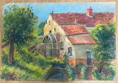 Charming Watermill Scene with Lush Foliage Vibrant Pastel Landscape