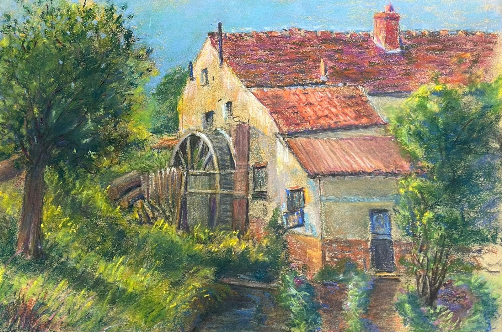Landscape Painting di Regine David - Incantevole scena di mulino ad acqua con fogliame lussureggiante e vibrante paesaggio pastello