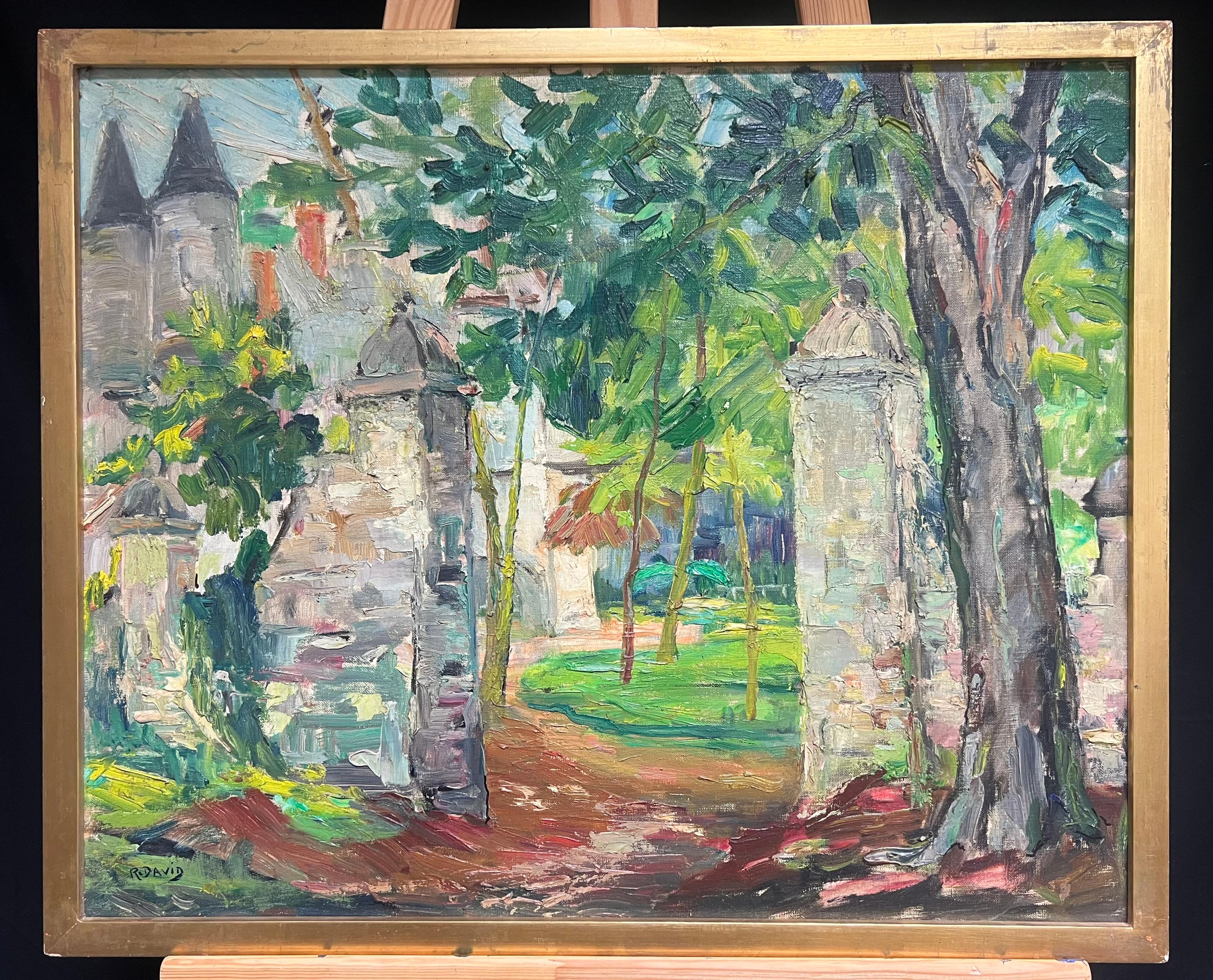 Chateau Garden Path Through Stone Archway Vintage French Impressionist Oil - Painting by Regine David