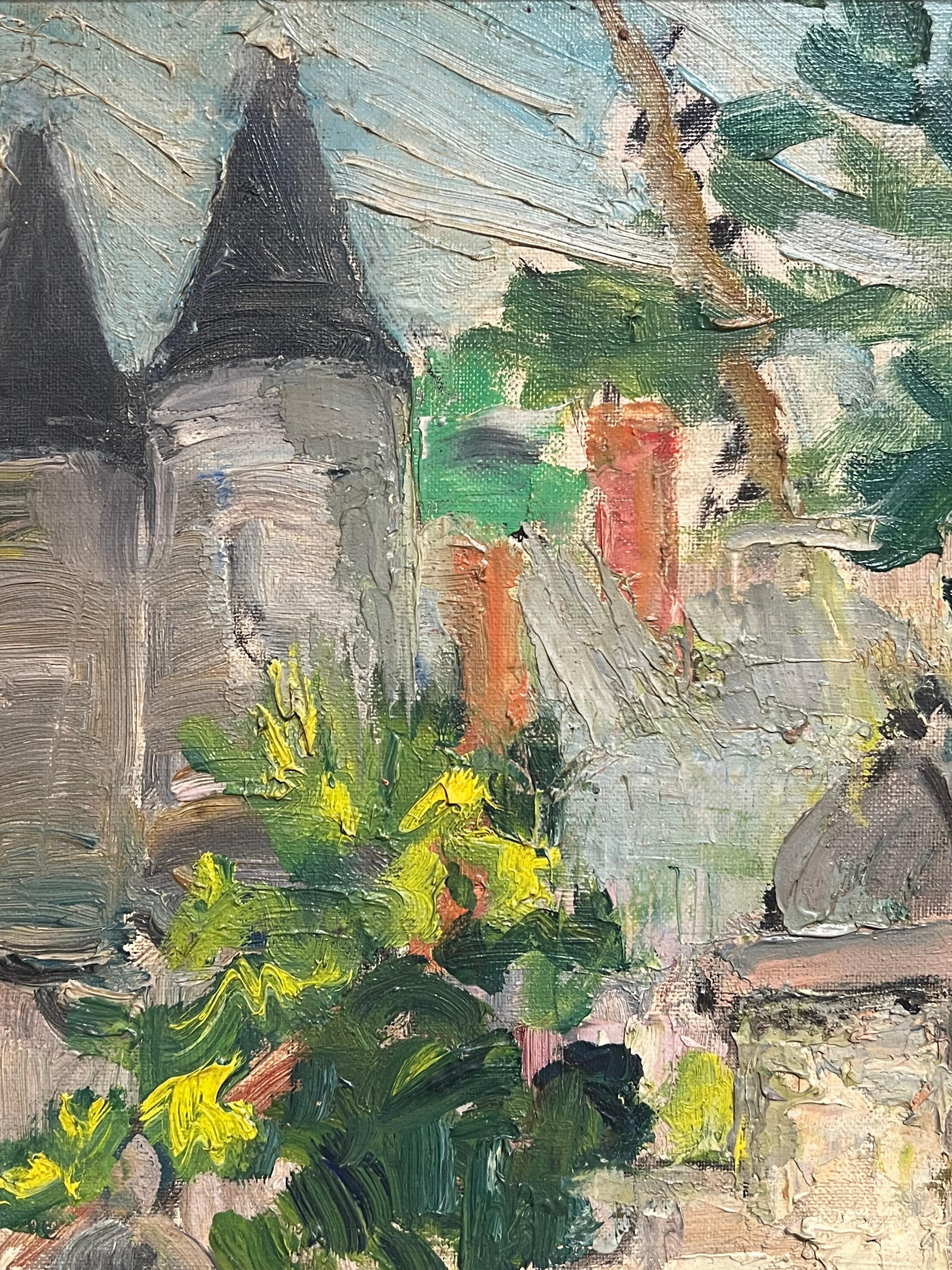 Chateau Garden Path Through Stone Archway Vintage French Impressionist Oil - Brown Landscape Painting by Regine David