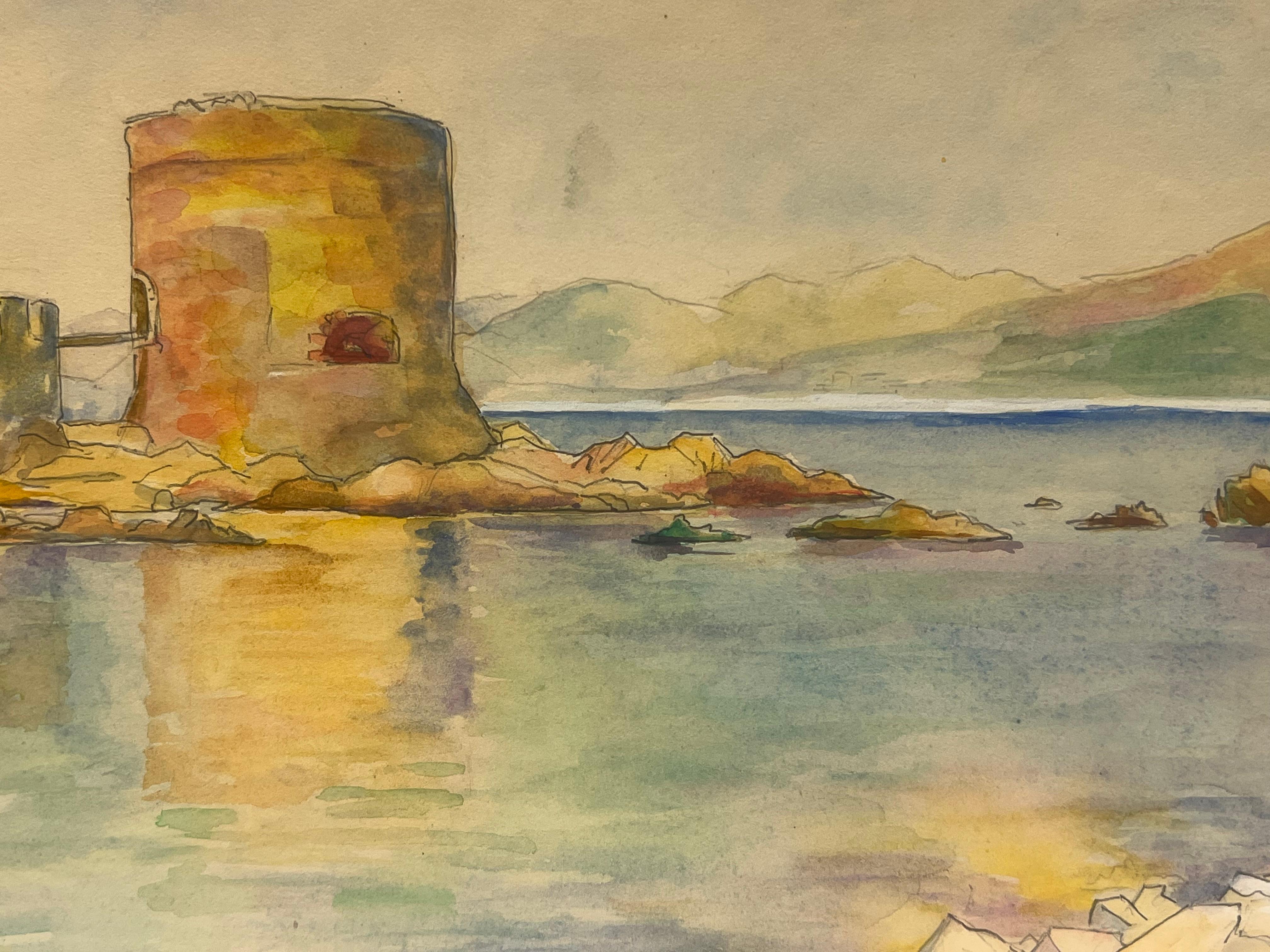 Coastal Fortress with Reflections on Calm Waters St Tropez Landscape - Painting by Regine David