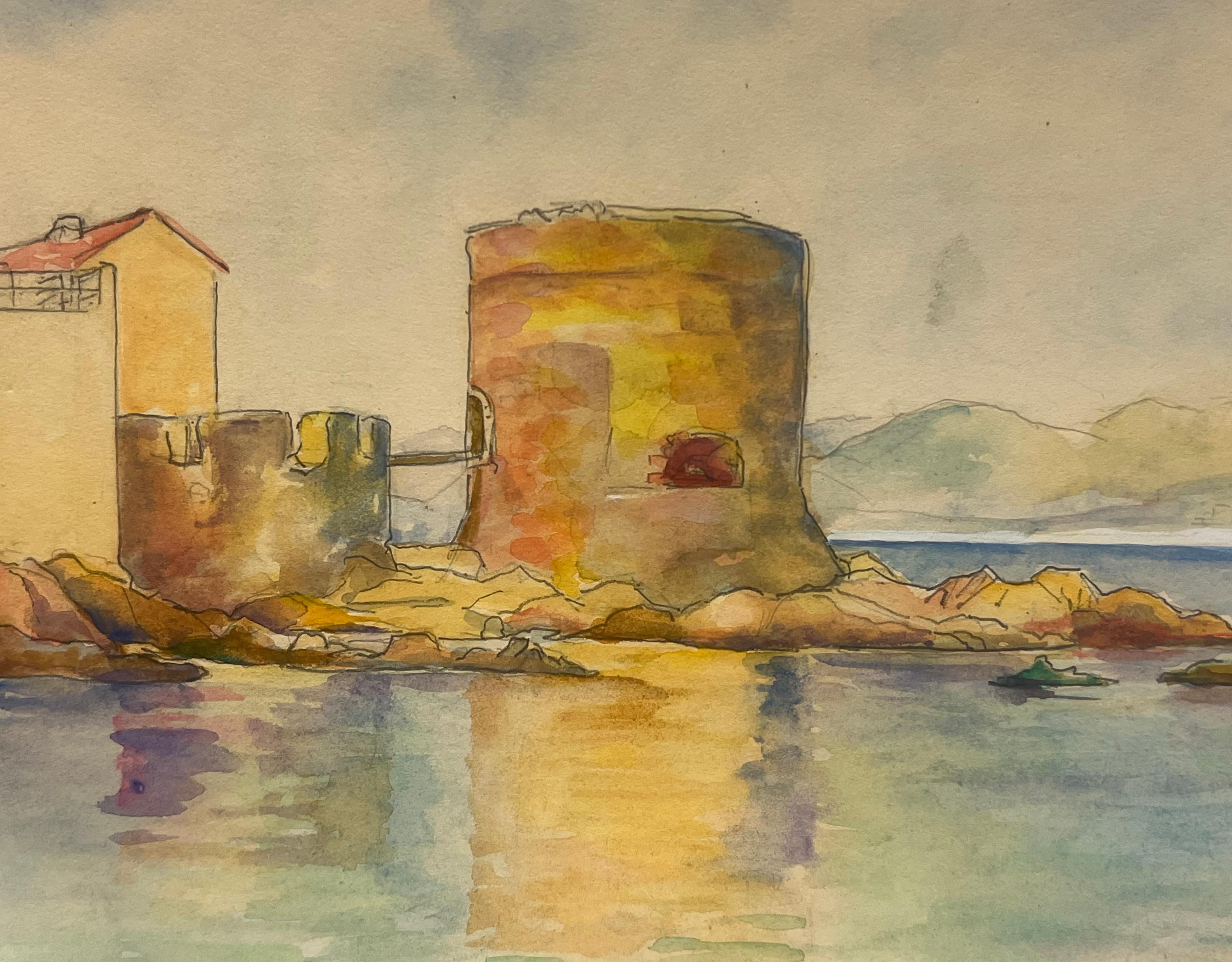 Coastal Fortress with Reflections on Calm Waters St Tropez Landscape - Post-Impressionist Painting by Regine David