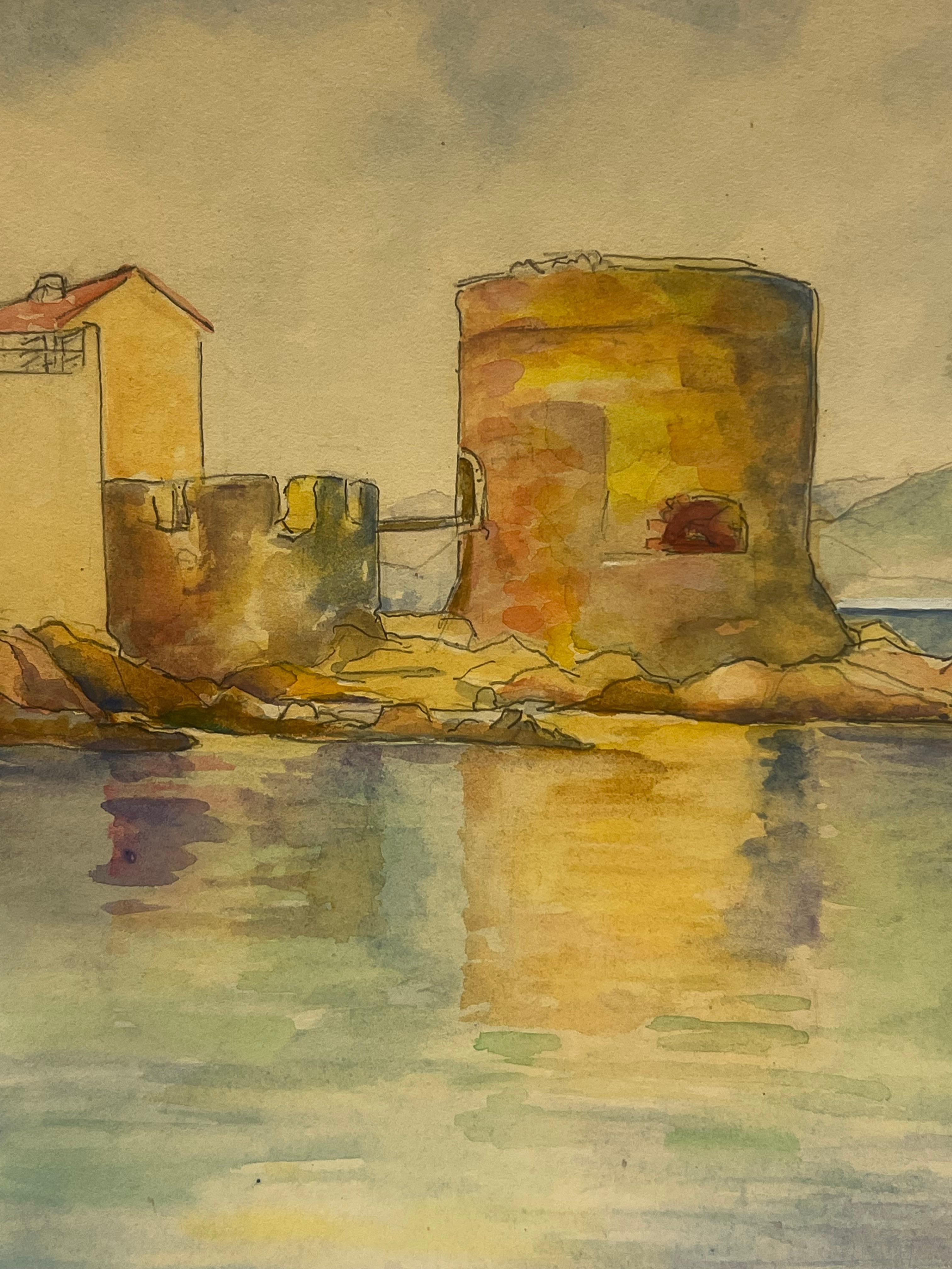 Coastal Fortress with Reflections on Calm Waters St Tropez Landscape - Brown Landscape Painting by Regine David
