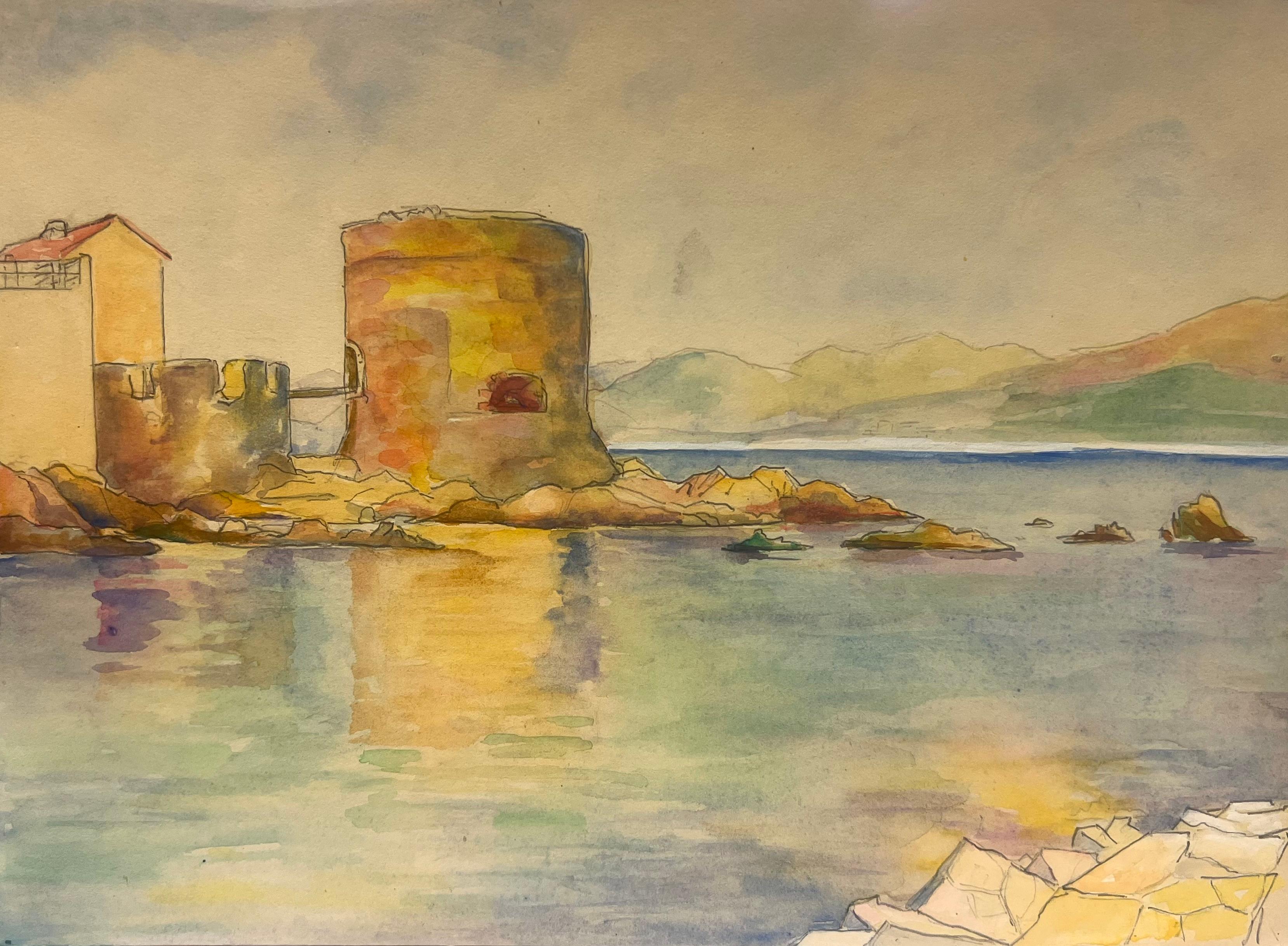 Regine David Landscape Painting - Coastal Fortress with Reflections on Calm Waters St Tropez Landscape