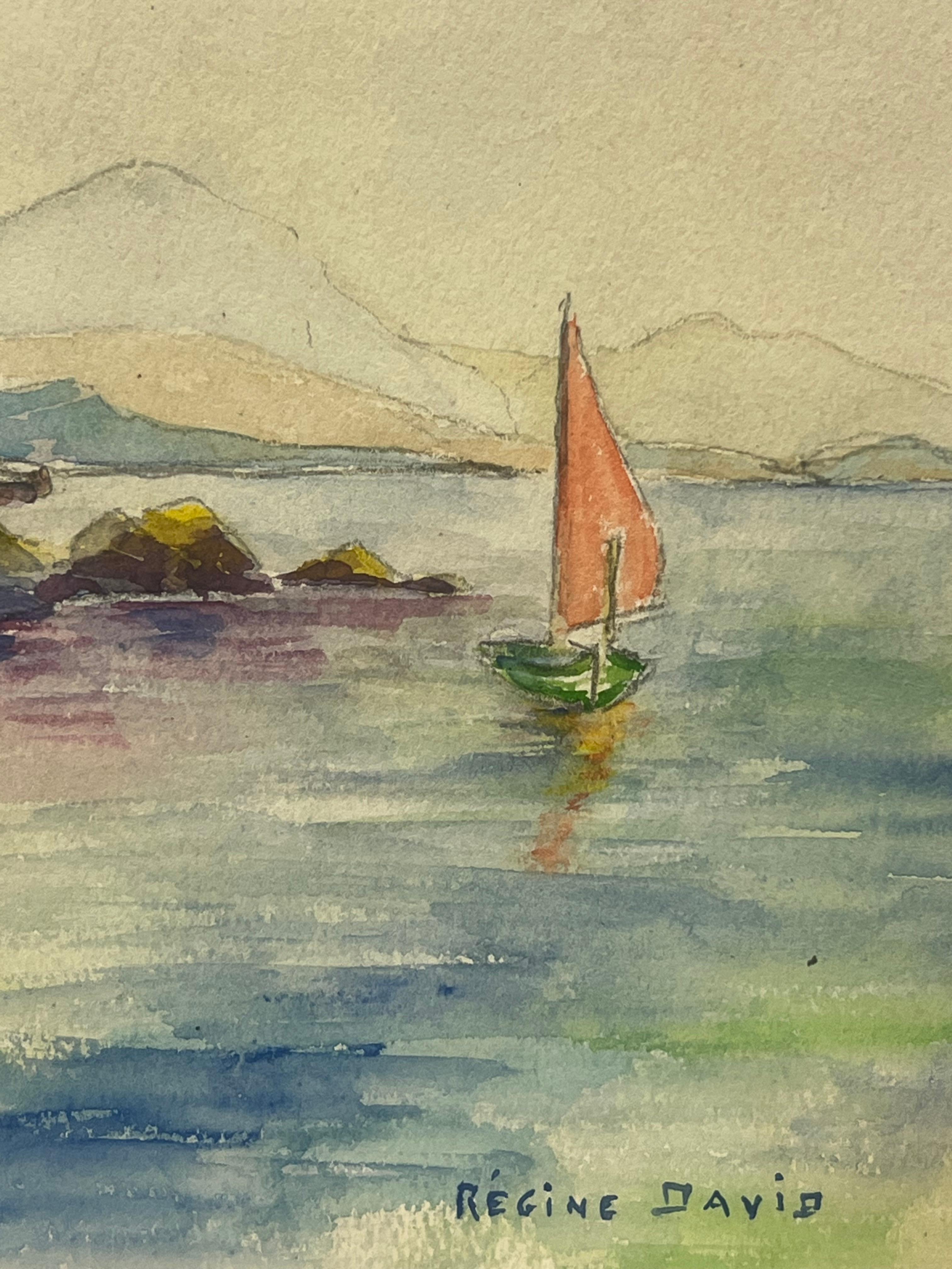 Küstenansicht von Antibes mit rot gesprenkelter Boots-Aquarelllandschaft (Post-Impressionismus), Painting, von Regine David