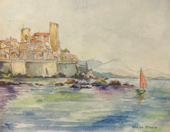 Coastal View of Antibes with Red-Sailed Boat Watercolor Landscape