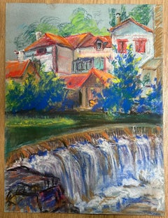 Colorful Village Landscape with Red-Roofed Houses and Flowing Waterfall