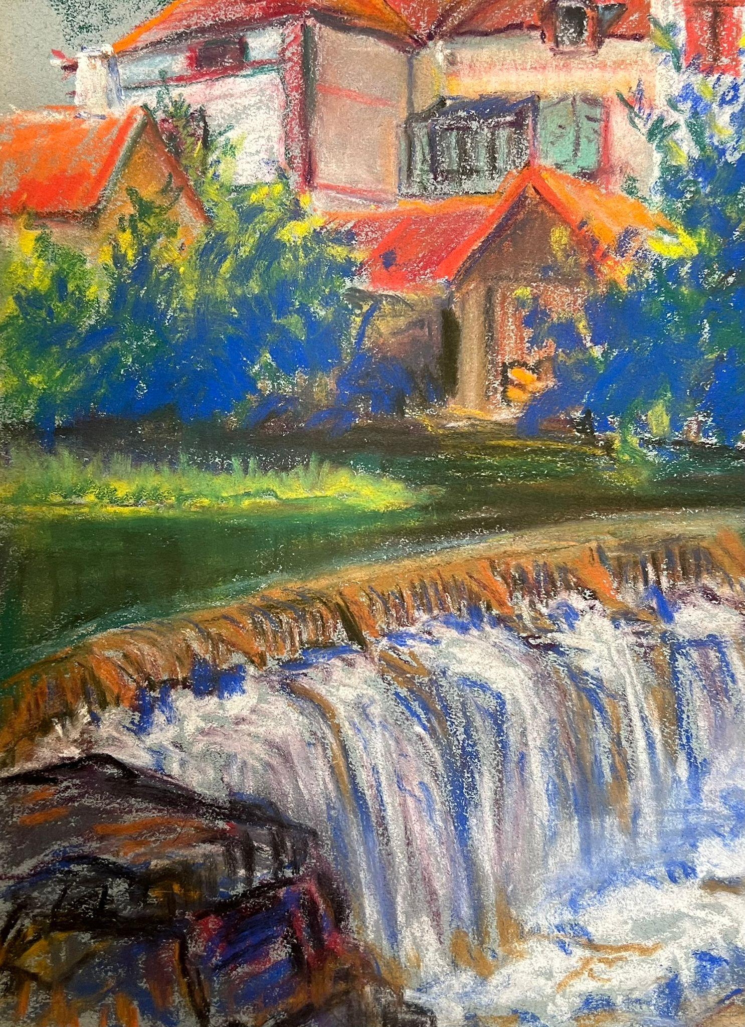 Colorful Village Landscape with Red-Roofed Houses and Flowing Waterfall - Gray Landscape Painting by Regine David