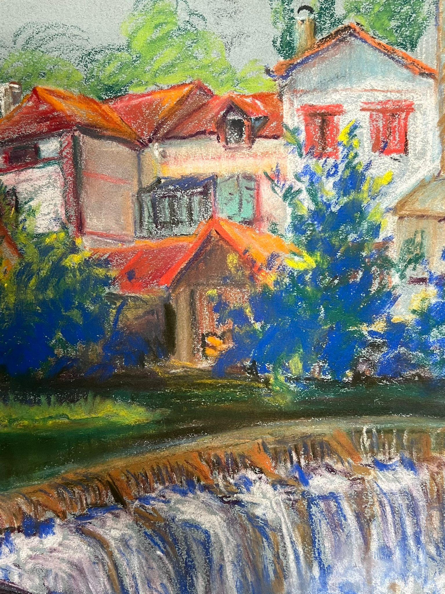 Colorful Village Landscape with Red-Roofed Houses and Flowing Waterfall For Sale 1