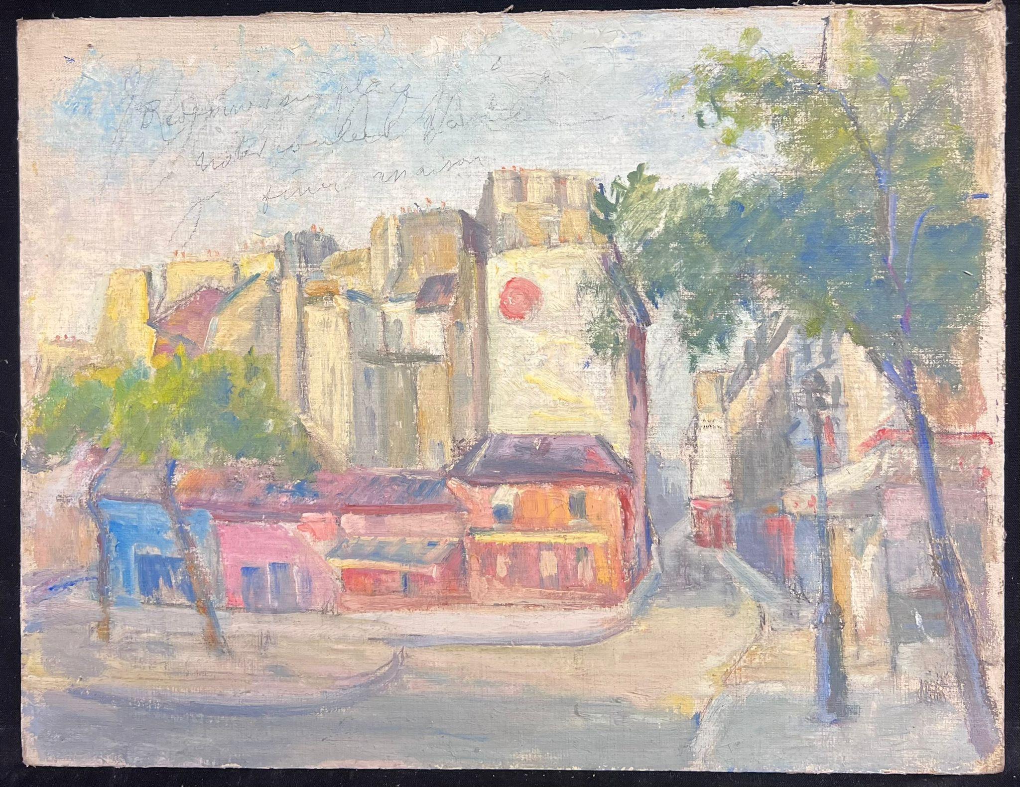 Peinture à l'huile vibrante d'un paysage urbain coloré d'angle de ville avec arbres - Painting de Regine David