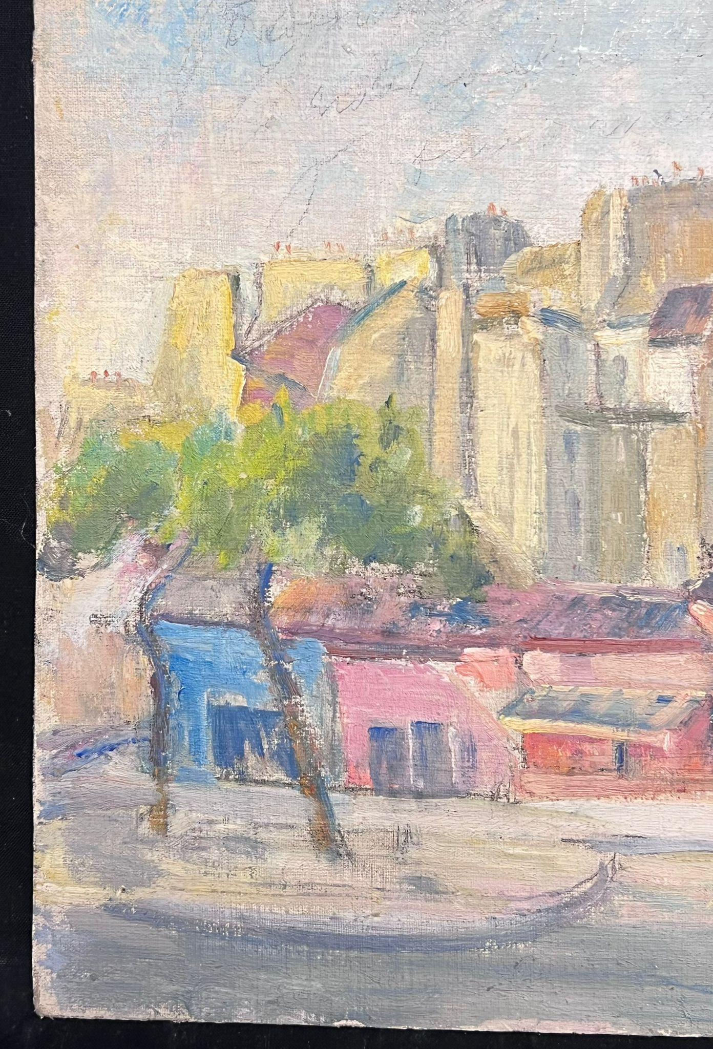 Peinture à l'huile vibrante d'un paysage urbain coloré d'angle de ville avec arbres - Post-impressionnisme Painting par Regine David