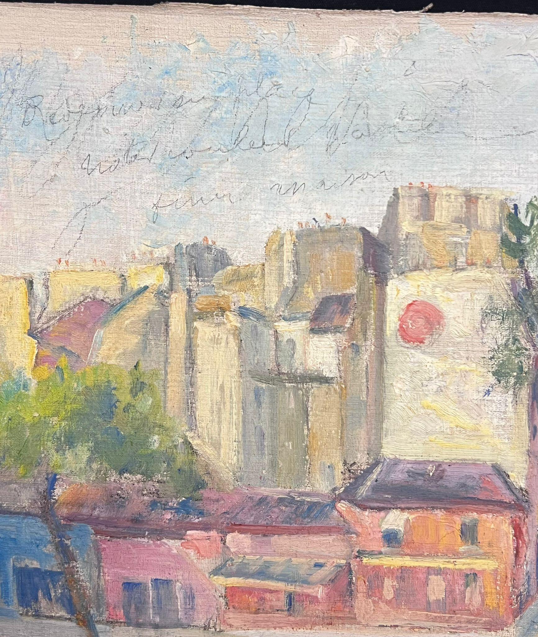 Peinture à l'huile vibrante d'un paysage urbain coloré d'angle de ville avec arbres - Beige Landscape Painting par Regine David