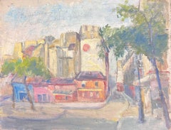 Vintage Colourful Cityscape Town Corner with Trees Vibrant Oil Painting