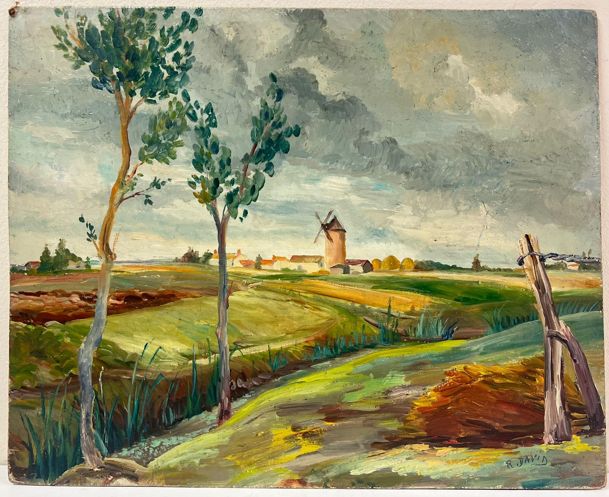 Charmante Landschaft im Landhausstil mit Rolling Fields Charmante Windmühlen Tranquil Rural Life – Painting von Regine David