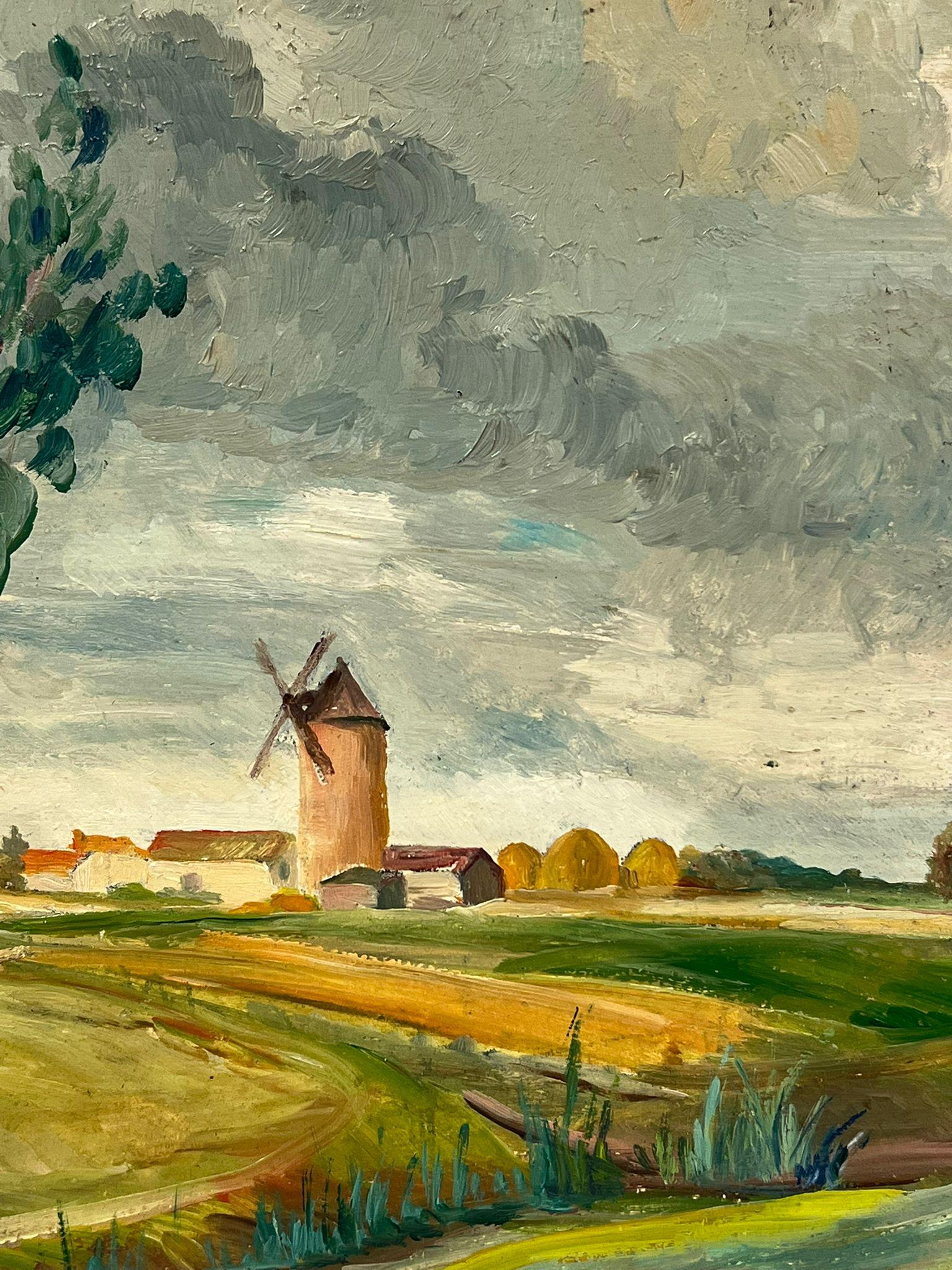 Ländliche Landschaft 
signiert von Regine David (französische Künstlerin, 1910-2018)
Ölgemälde auf Karton, ungerahmt
Brett: 13 x 16 Zoll
Zustand: Das Gemälde ist in ausgezeichnetem Zustand, mit leuchtenden Farben und gut erhaltenen Details. Das