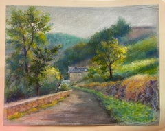 Sentiero di campagna con casetta e fogliame lussureggiante Paesaggio soft pastello