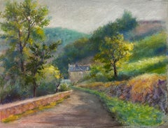 Countryside Path with Cottage and Lush Foliage Soft Pastel Landscape