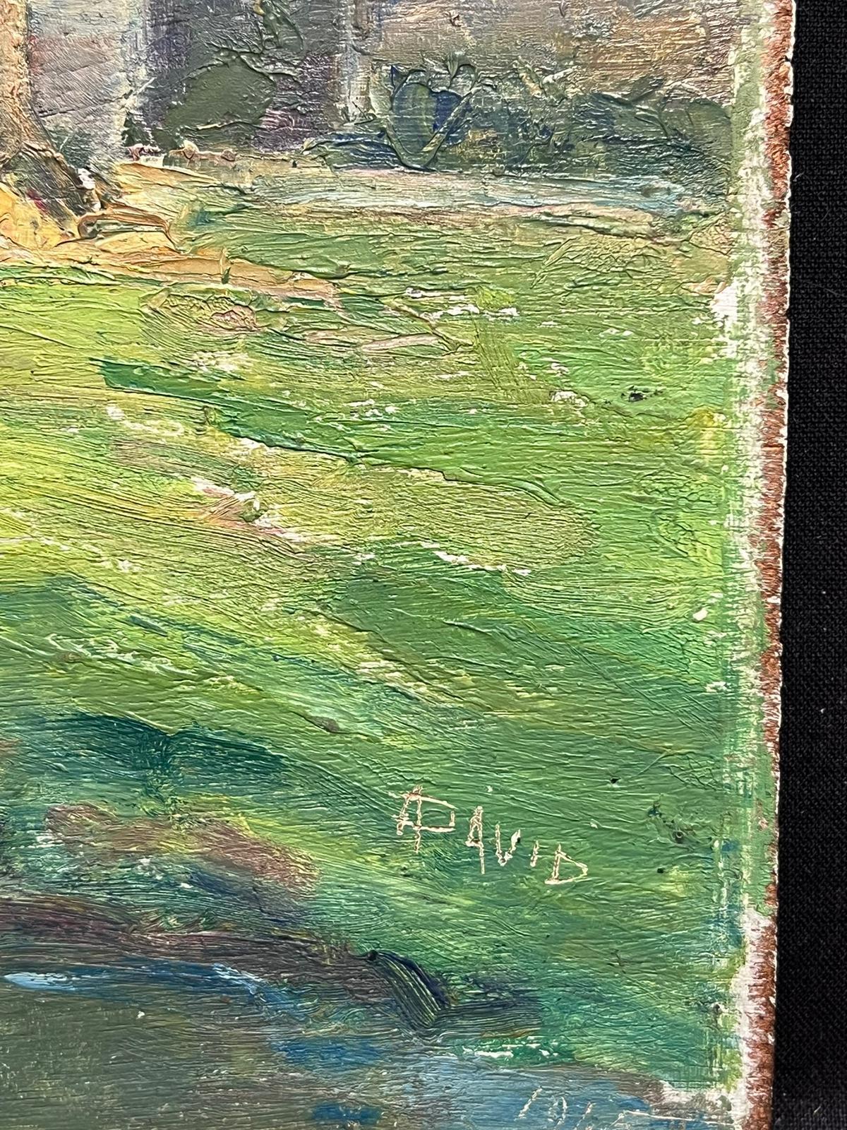 Figura in una tranquilla scena di villaggio vicino all'acqua, affascinante pittura ad olio - Painting Postimpressionismo di Regine David