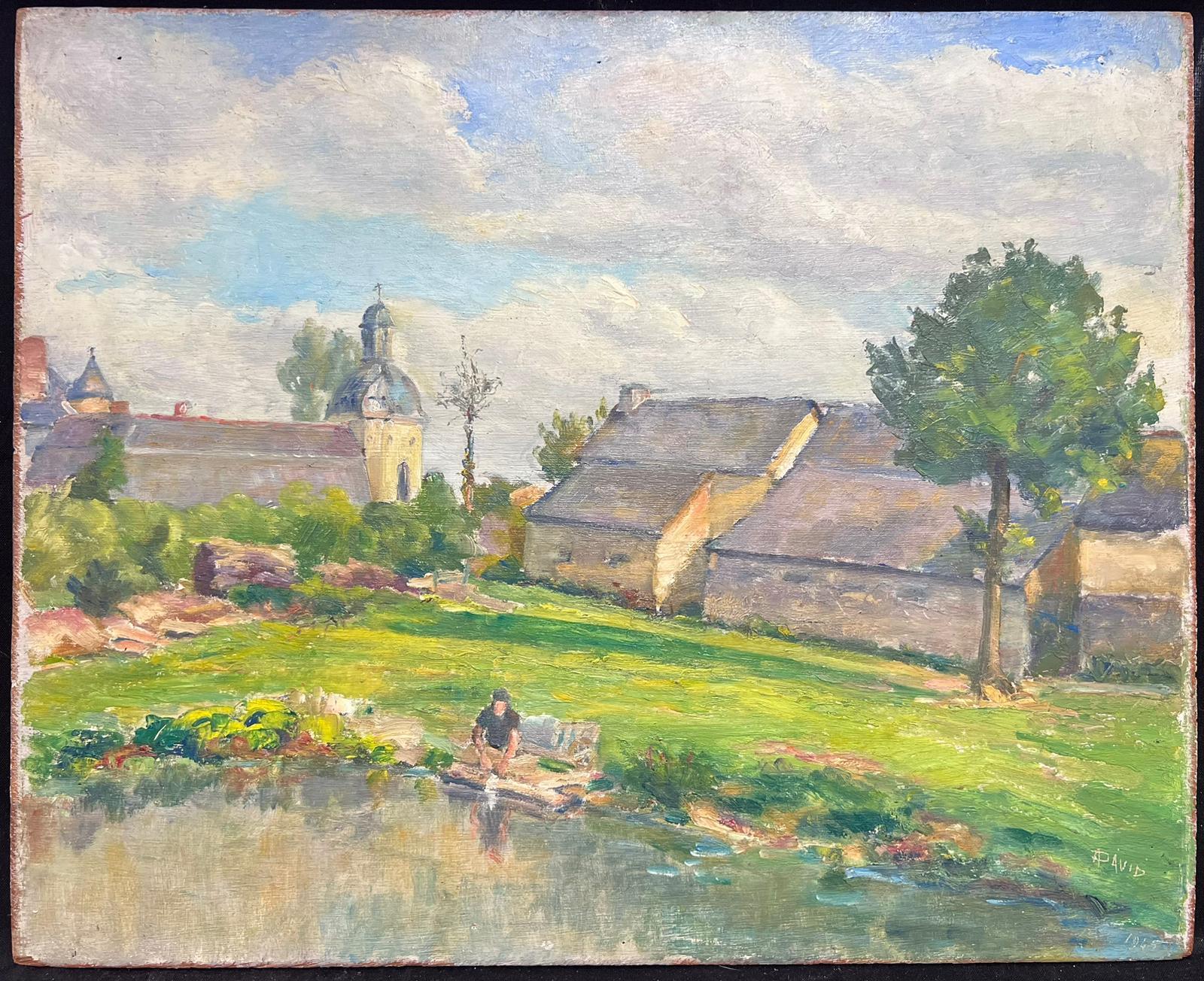 Figura in una tranquilla scena di villaggio vicino all'acqua, affascinante pittura ad olio in vendita 2