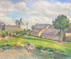 Charmante peinture à l'huile d'une scène de village paisible par l'eau