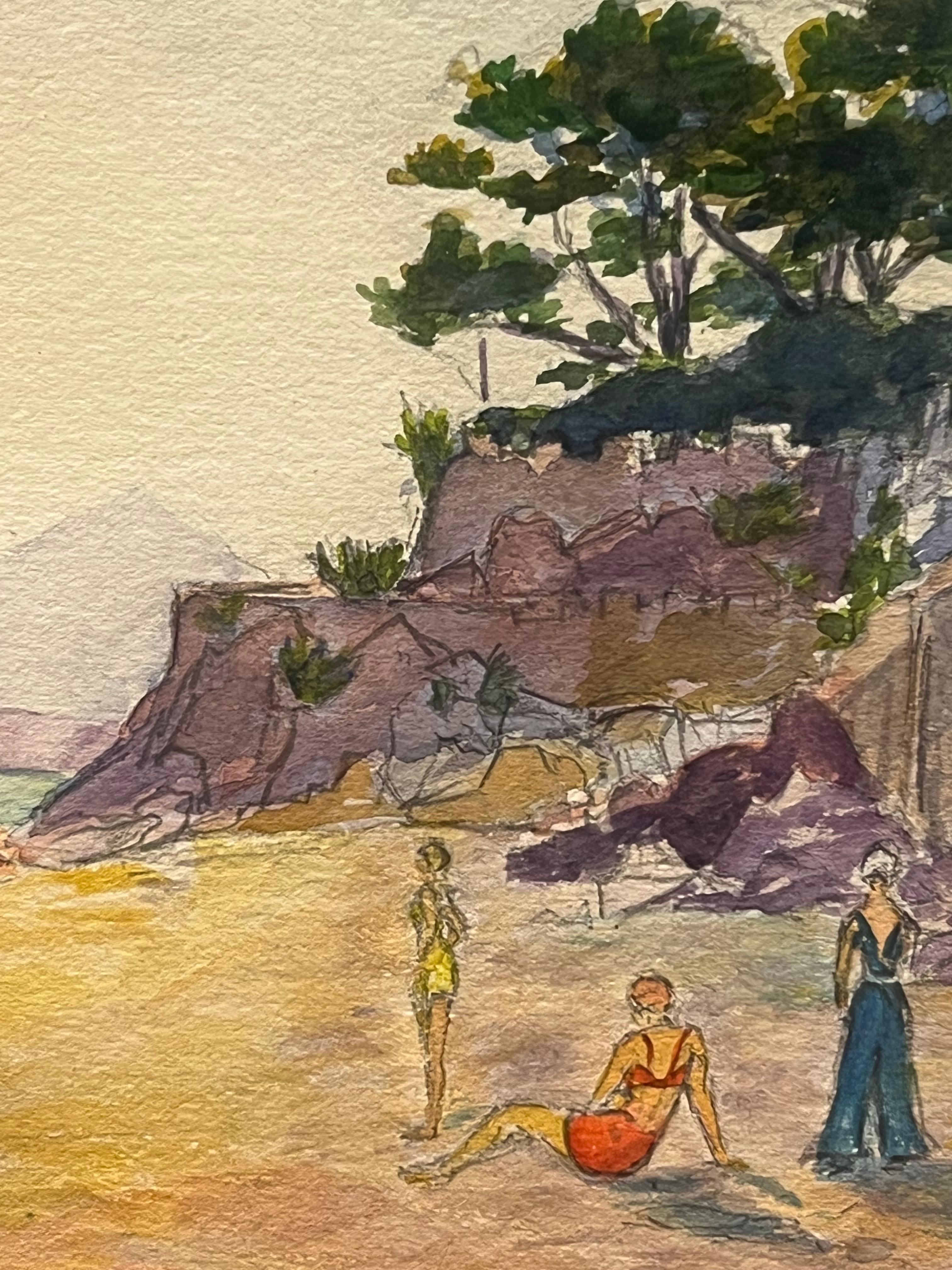 Figures à la plage sur la Côte d'Azur Aquarelle vibrante - Painting de Regine David