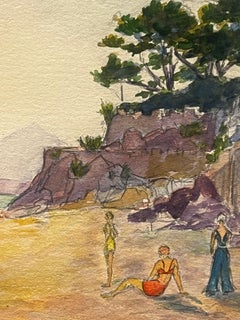 Figures at Relaxed Beach Scene on the French Riviera Vibrant Watercolor