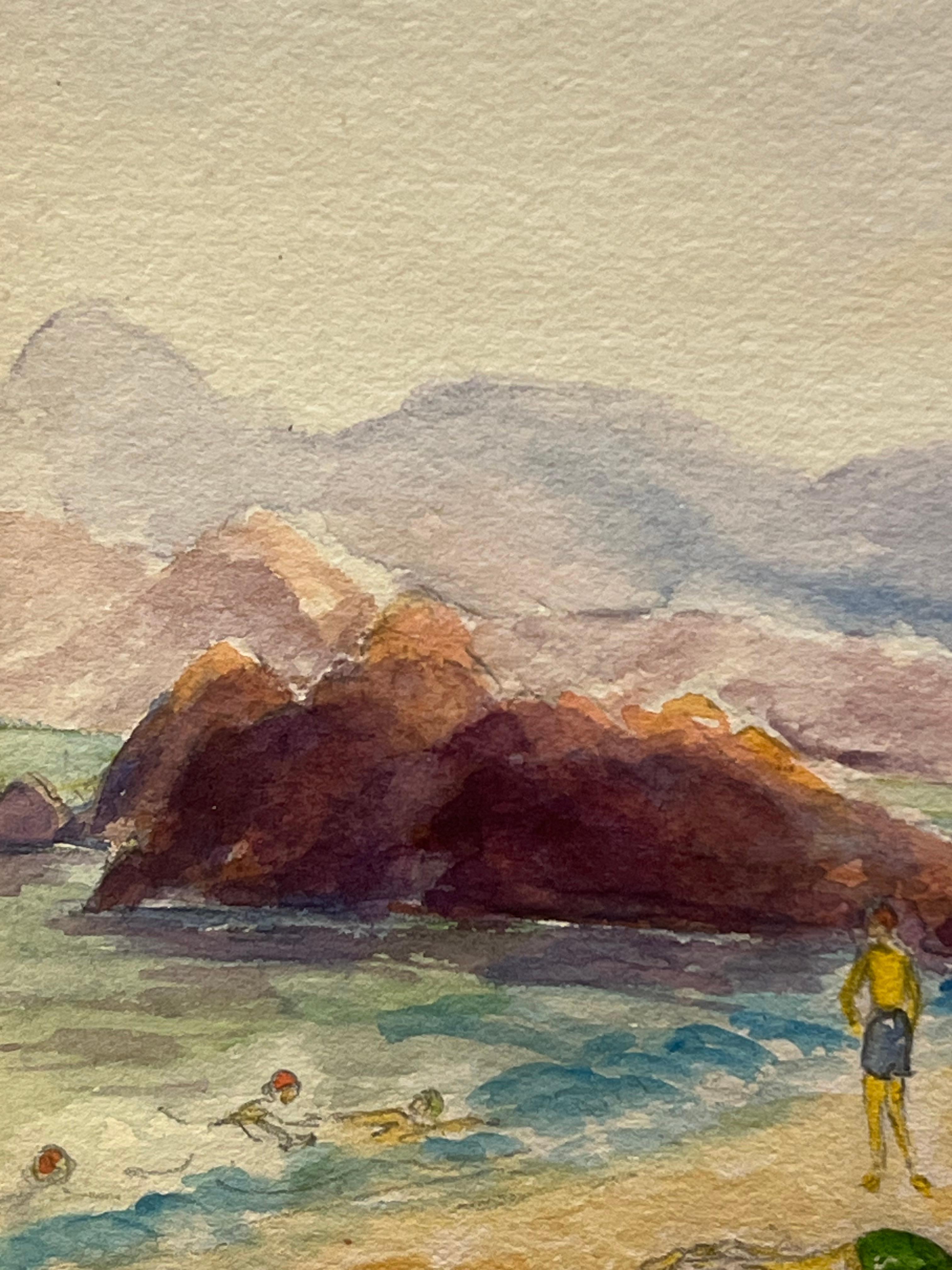 Figures à la plage sur la Côte d'Azur Aquarelle vibrante - Beige Landscape Painting par Regine David