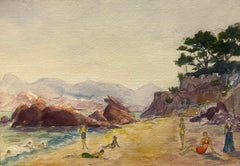 Figures at Relaxed Beach Scene on the French Riviera Vibrant Watercolor