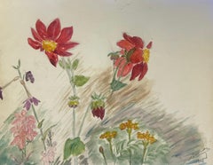 Blumenstudie mit roten Dahlien, Aquarell, botanisches Aquarellgemälde