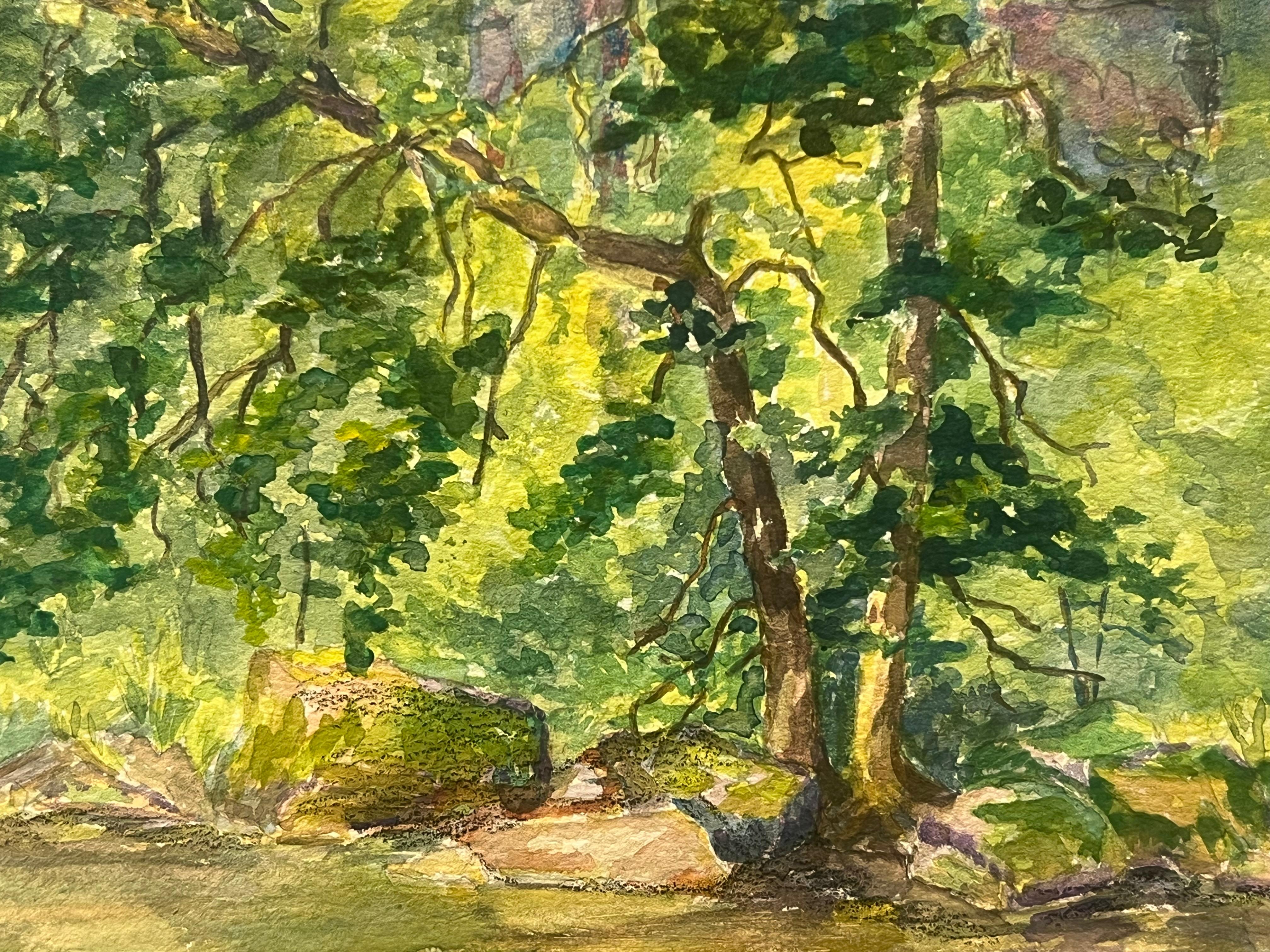 Waldszene mit sonnenbeschienenem Laub Ruhiges Aquarell Ufer des Flusses Buëch (Post-Impressionismus), Painting, von Regine David