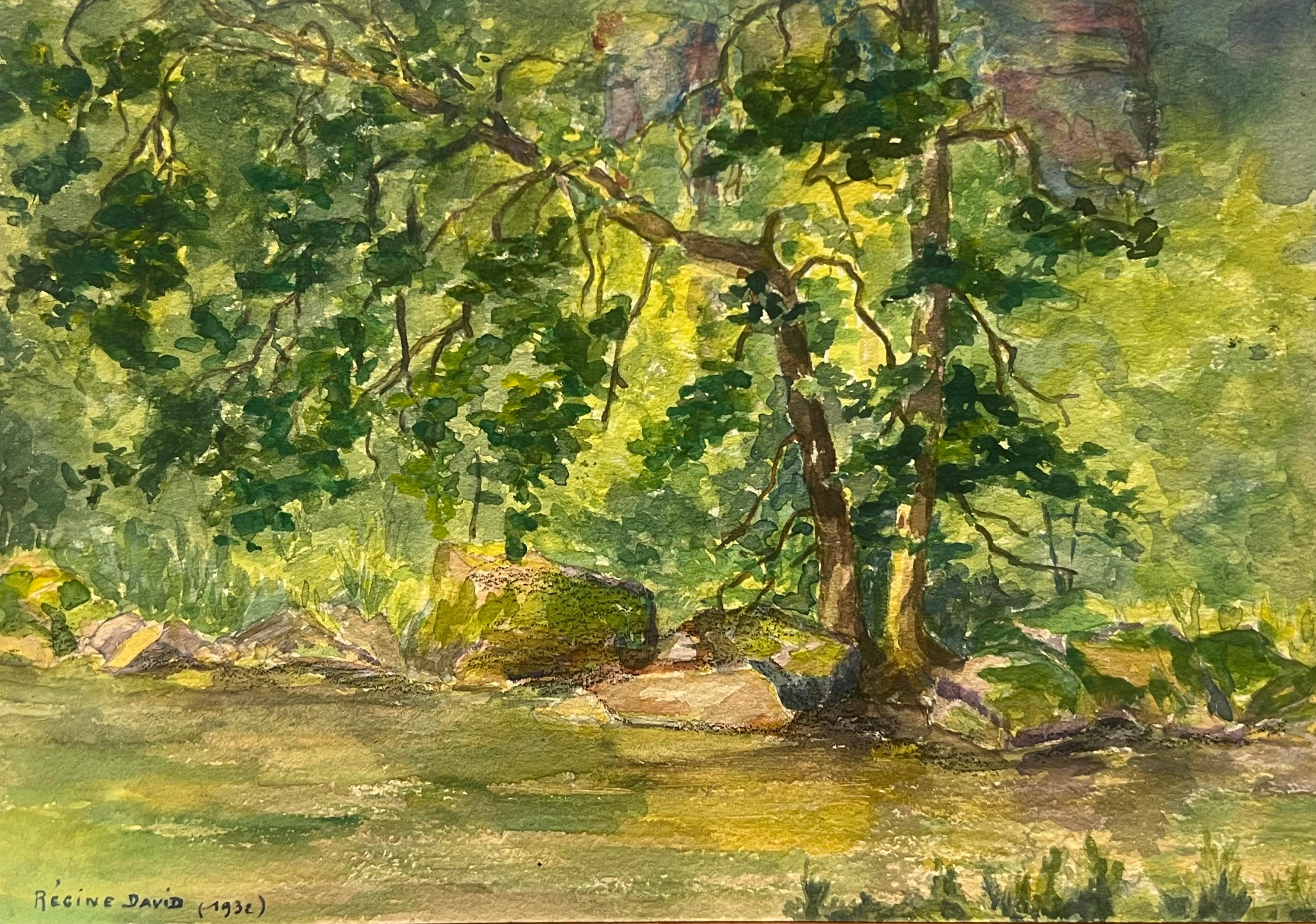 Regine David Landscape Painting – Waldszene mit sonnenbeschienenem Laub Ruhiges Aquarell Ufer des Flusses Buëch