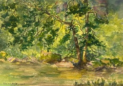 Waldszene mit sonnenbeschienenem Laub Ruhiges Aquarell Ufer des Flusses Buëch