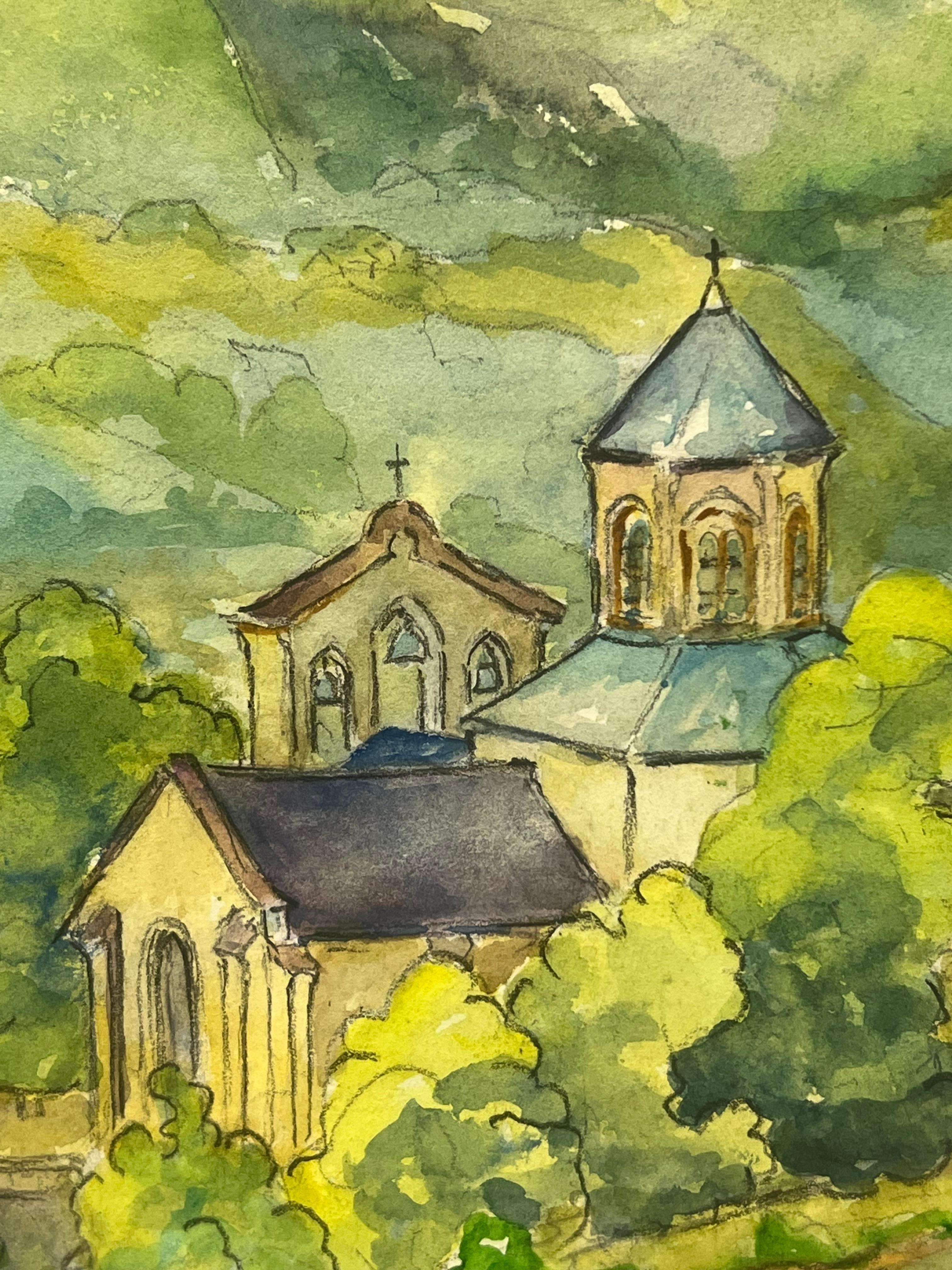 Campagna francese con chiesa storica Paesaggio verde e rigoglioso Abbazia di Aubazine - Painting Postimpressionismo di Regine David