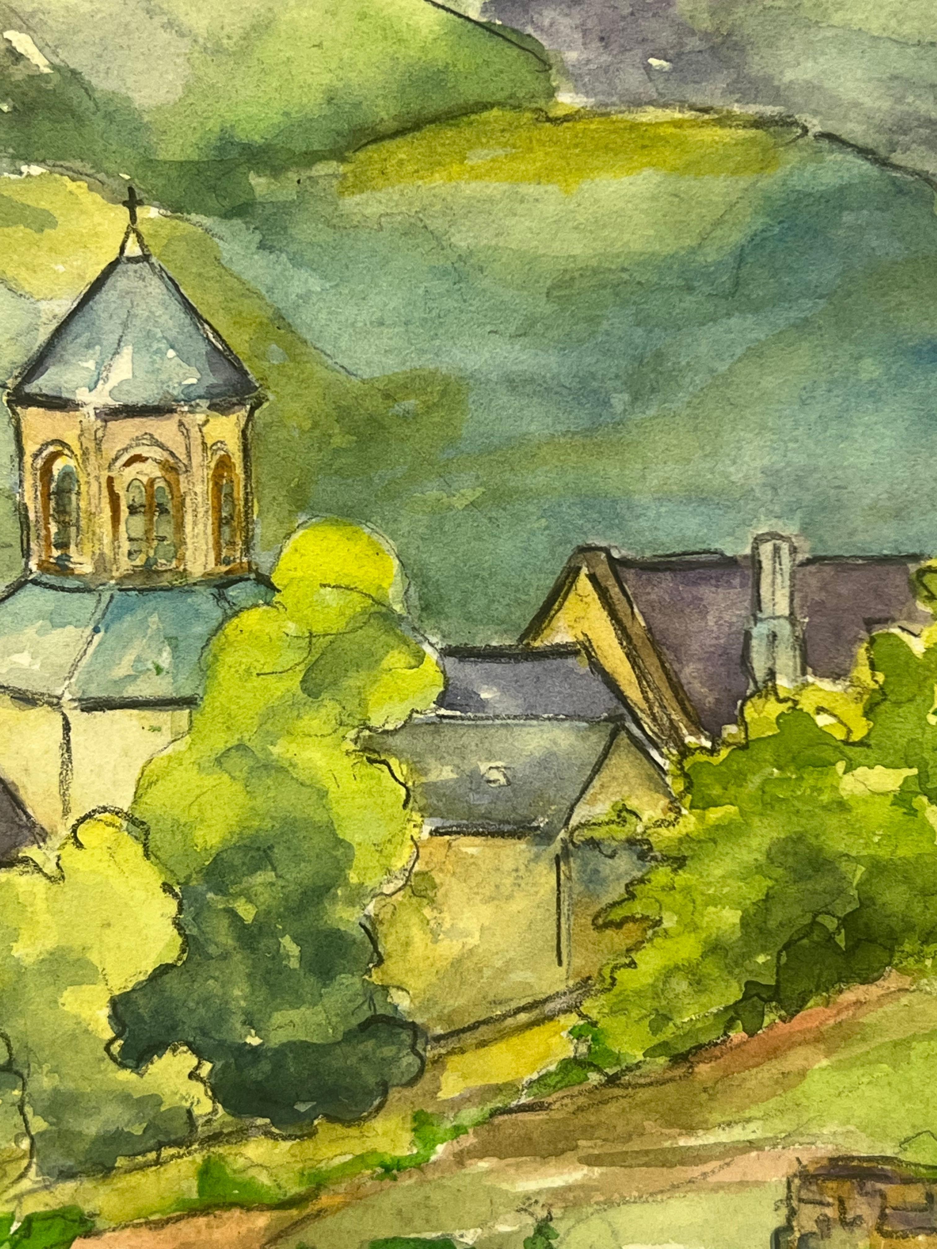 Campagna francese con chiesa storica Paesaggio verde e rigoglioso Abbazia di Aubazine - Landscape Painting Marrone di Regine David
