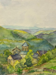 Paysage historique avec église etabbaye d'Aubazine, vert vif
