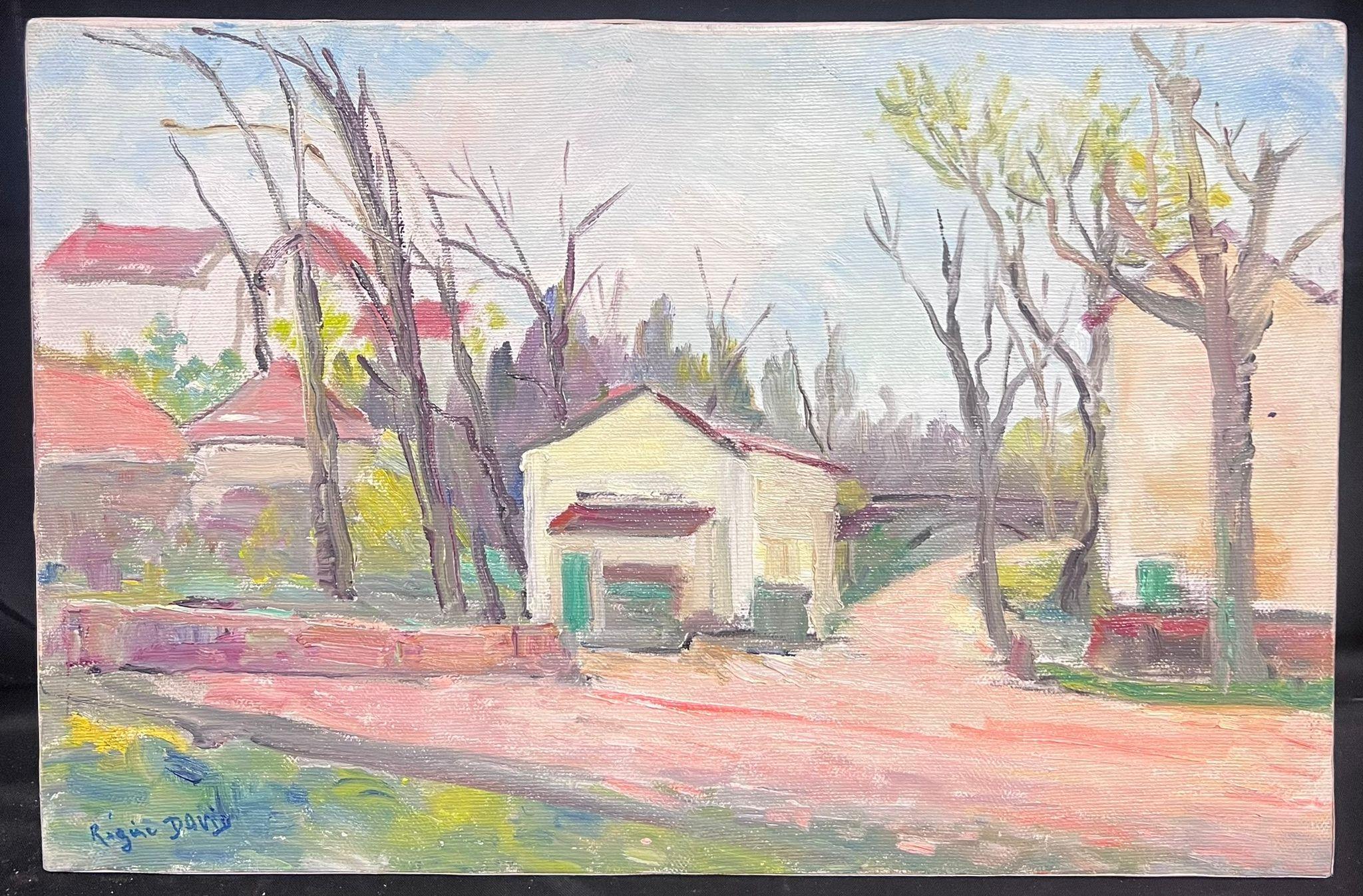 Französisches Öl Tranquil- Village-Eckschrank mit nackten Bäumen und warmem Licht, Öl – Painting von Regine David