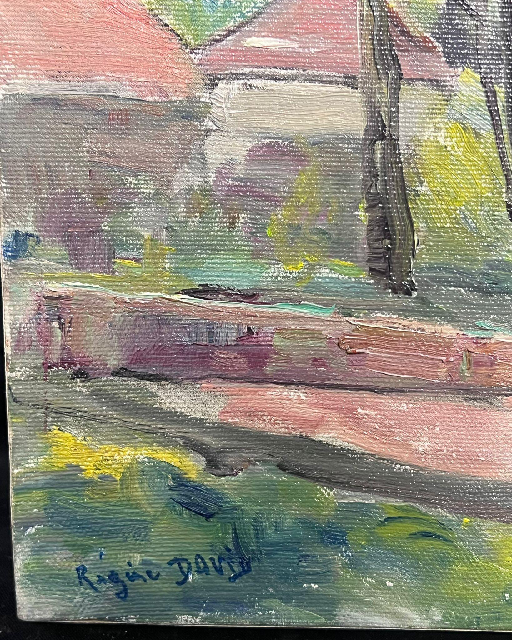 Französisches Öl Tranquil- Village-Eckschrank mit nackten Bäumen und warmem Licht, Öl (Post-Impressionismus), Painting, von Regine David