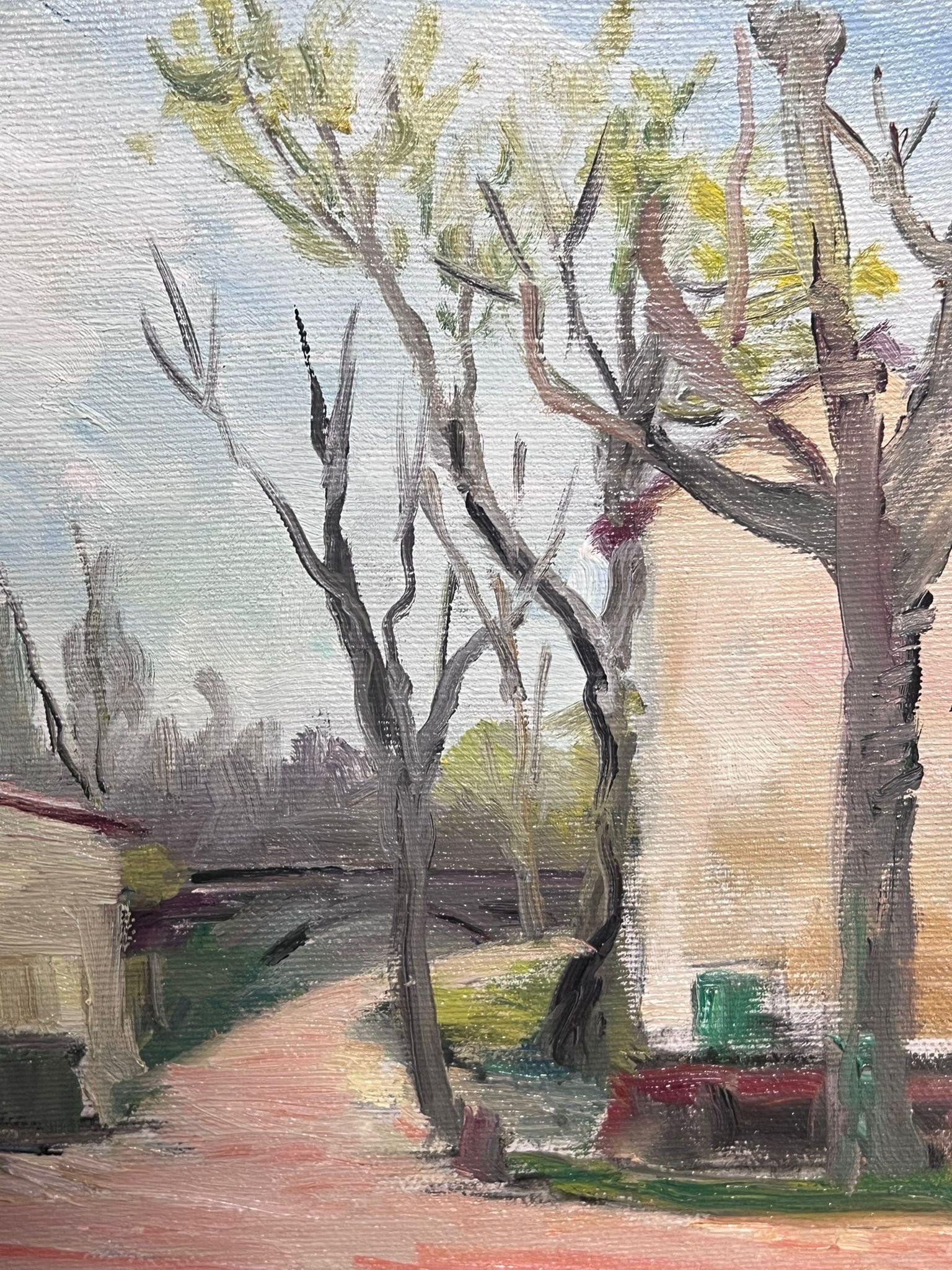 Der Frühling im Dorf
signiert von Regine David (französische Künstlerin, 1910-2018)
Ölgemälde auf Leinwand, ungerahmt
Maße: 10,75 x 16,5 Zoll
Zustand: Das Gemälde ist in einem sehr guten und vorzeigbaren Zustand und sicherlich sehr original. Es