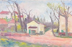 French Oil Tranquil Village Corner With Bare Trees and Warm Light