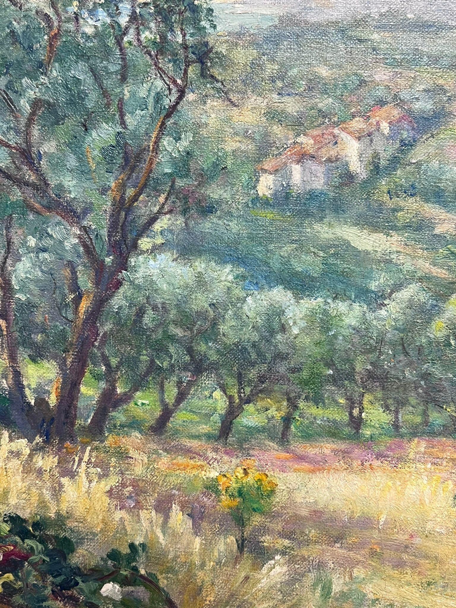 Valle del Olivar
firmado por Regine David (artista francesa, 1910-2018)
óleo sobre lienzo adherido a tabla, sin enmarcar
Medidas 14 x 10,5 pulgadas
Estado de conservación: Este cuadro está en excelente estado, con colores brillantes y detalles bien