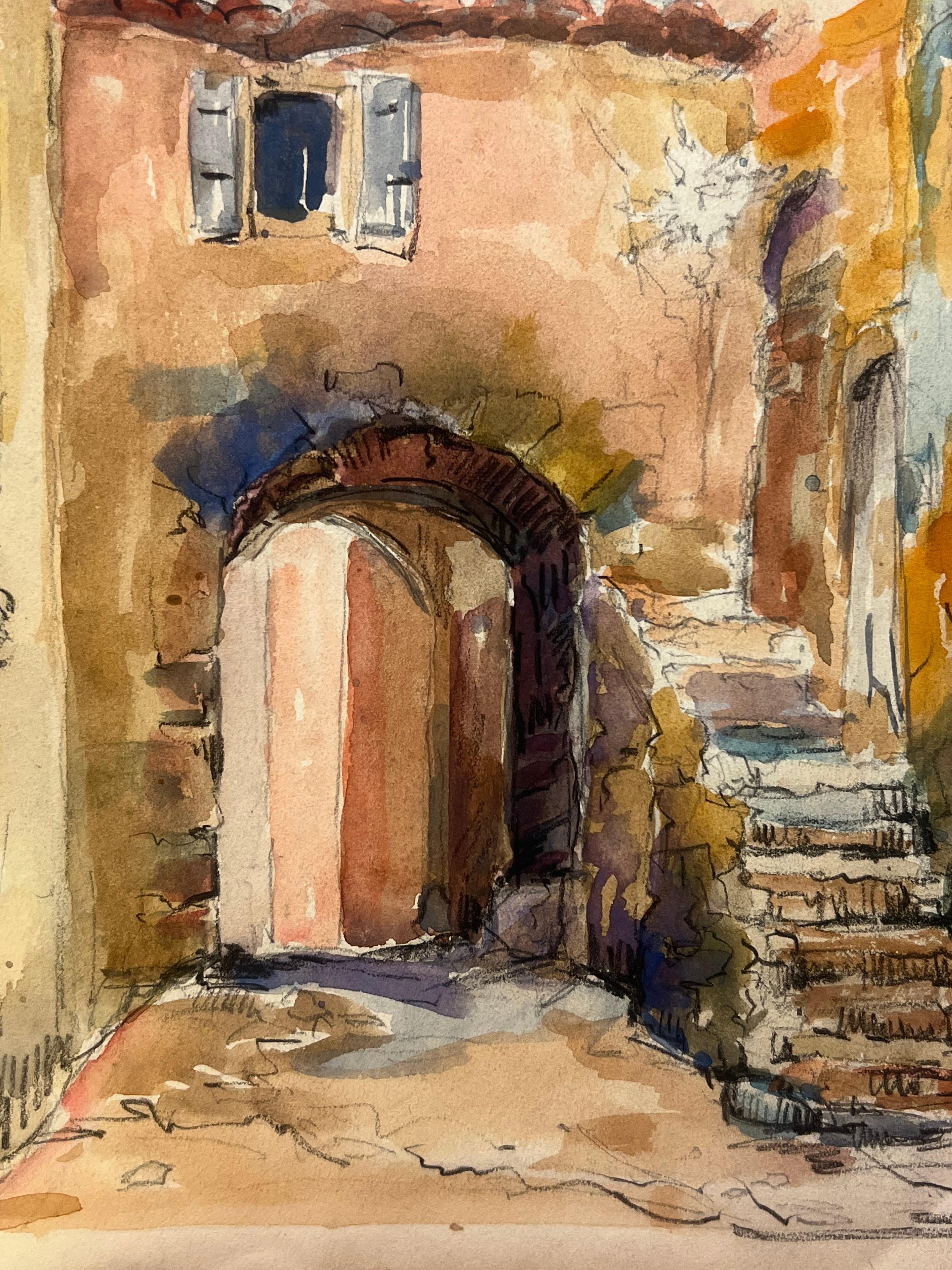 Charmantes französisches Dorf 
von Regine David (französische Künstlerin, 1910-2018)
Aquarellmalerei auf Künstlerpapier, ungerahmt
verso beschriftet, datiert 1937
hechelnd: 12,5 x 9 Zoll
Zustand: Das Gemälde ist in ausgezeichnetem Zustand, mit