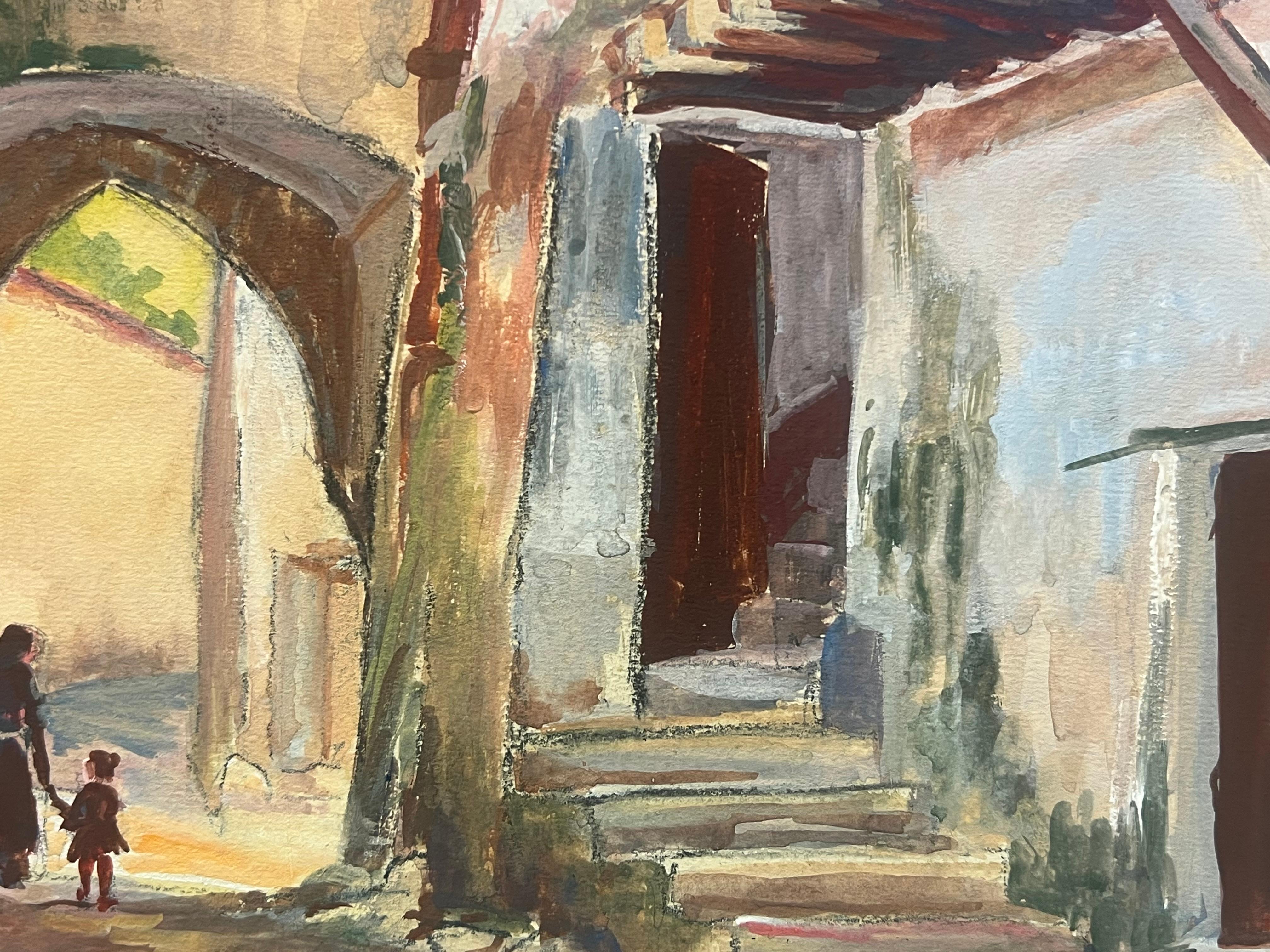 Scena di villaggio francese con arco e figure Pittura impressionista - Painting di Regine David