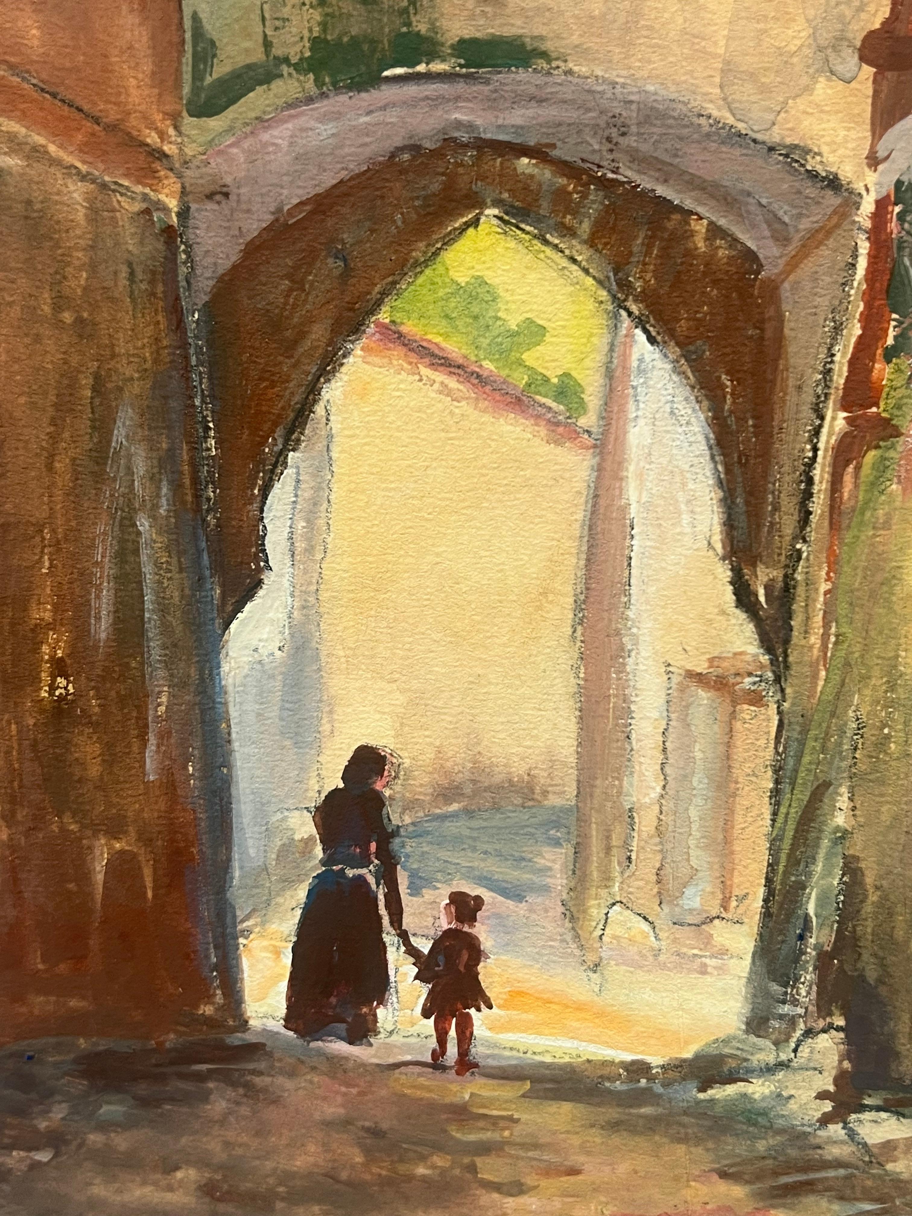 Scena di villaggio francese con arco e figure Pittura impressionista - Painting Postimpressionismo di Regine David